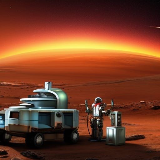 Cyborg Attends Mars Space Station in Steampunk Style