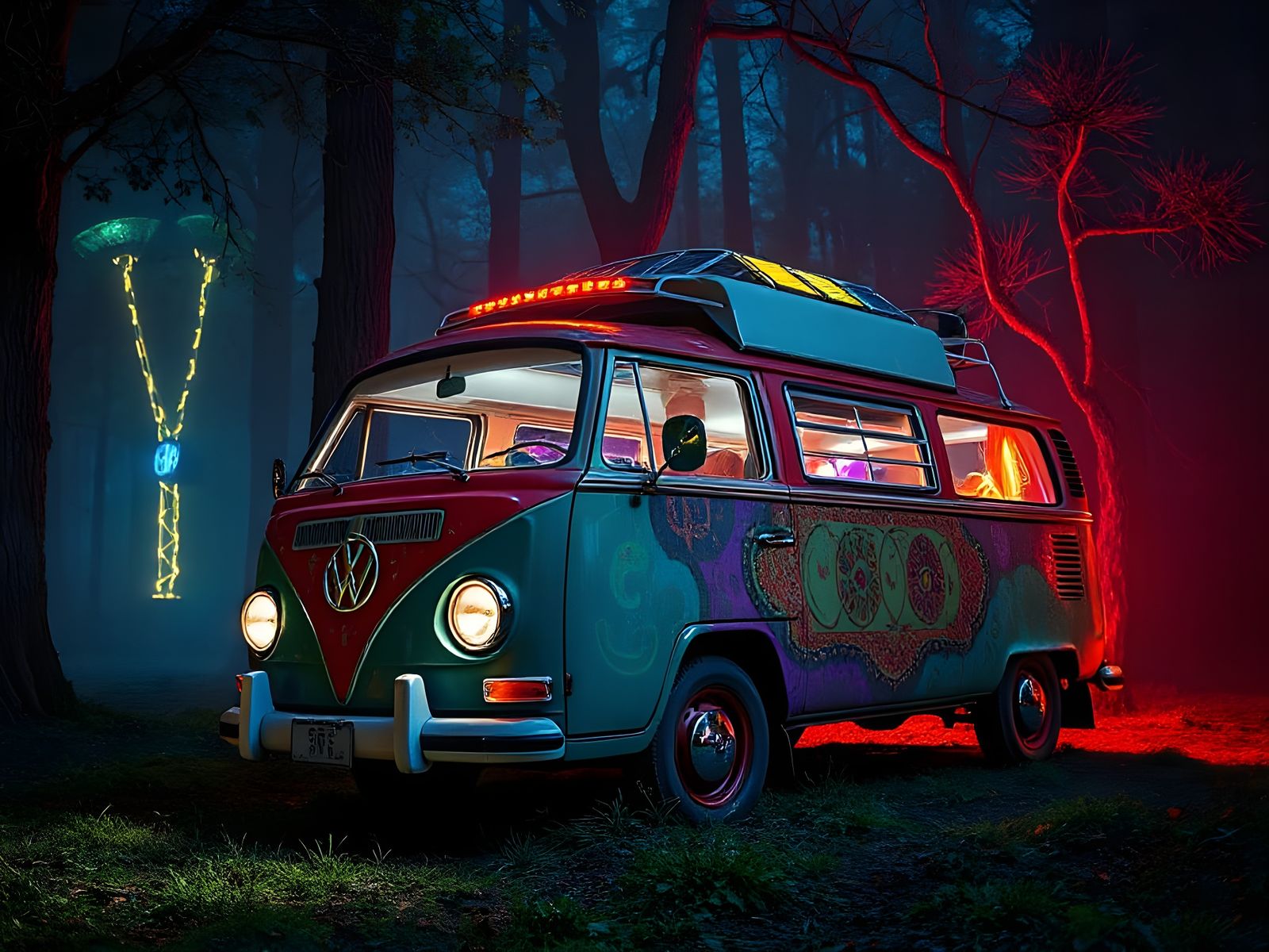 Futuristic VW Hippie Bus in Neon Forest, Retro Sci-Fi