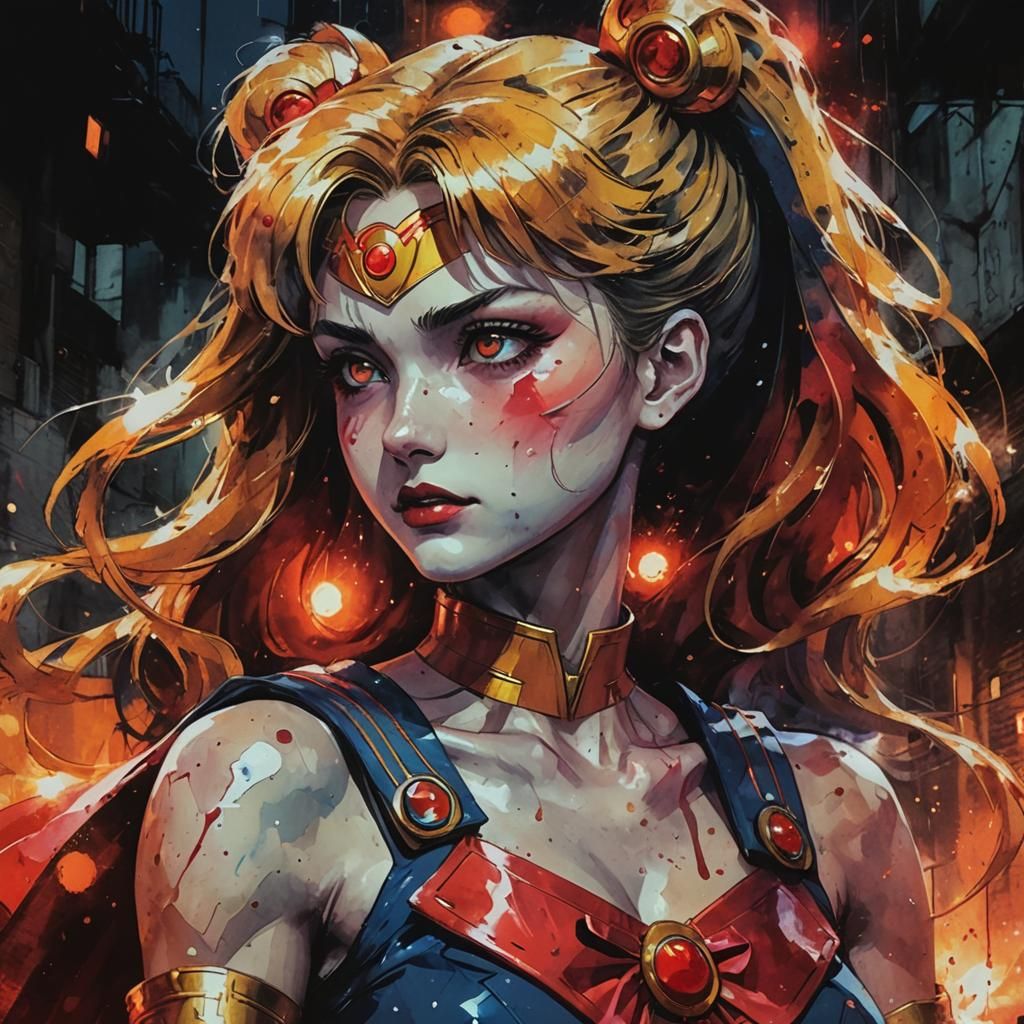 Dark Sailor Moon Transforms in Gritty Hellspawn Style