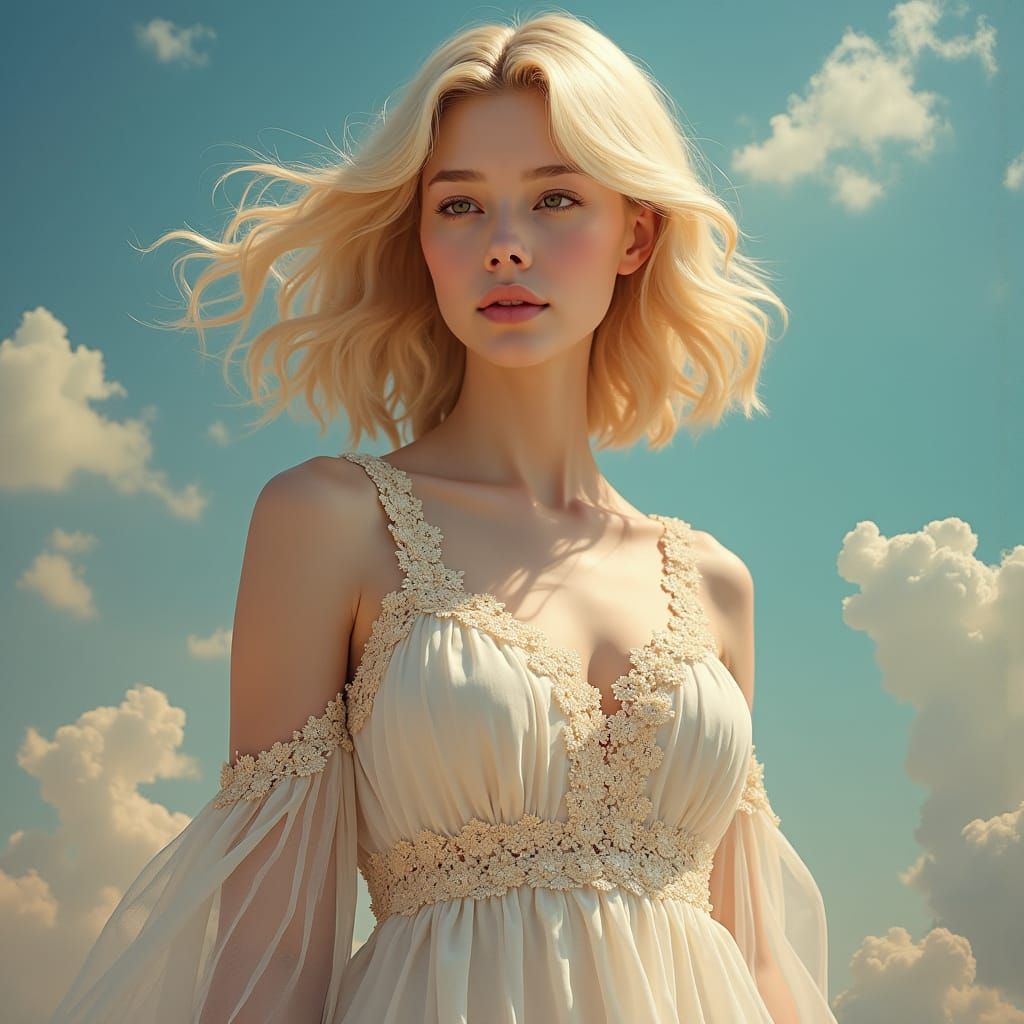Serene Figure with Vibrant Golden Hair and Soft Pastel Atmos...