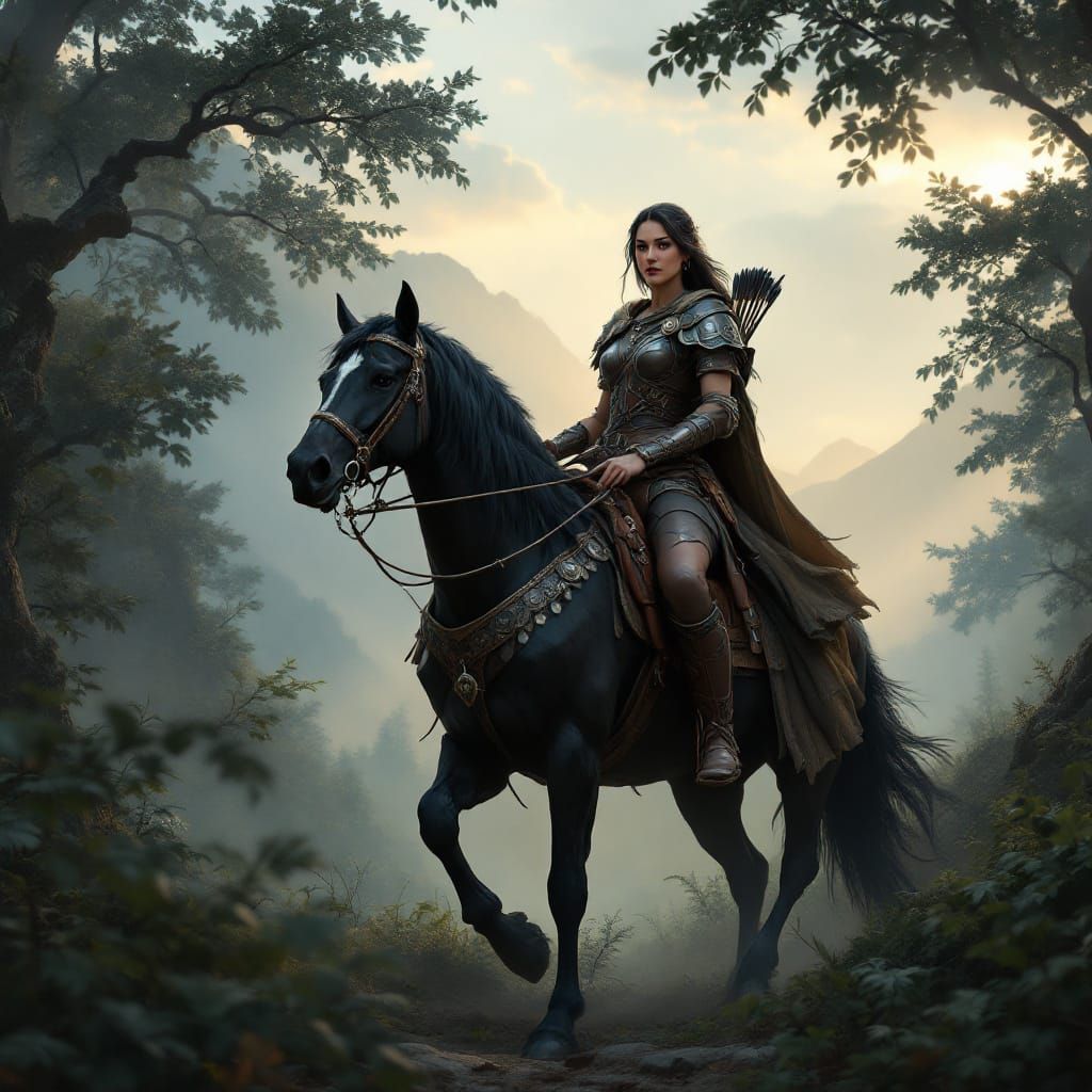 Majestic Warrior Rides Through Misty Mountains in Dawn