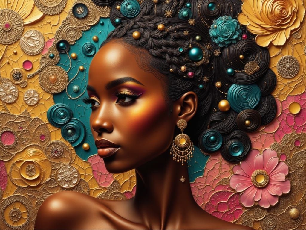 Encaustic Oil Painting of a Black Woman in Gold, Turquoise, ...