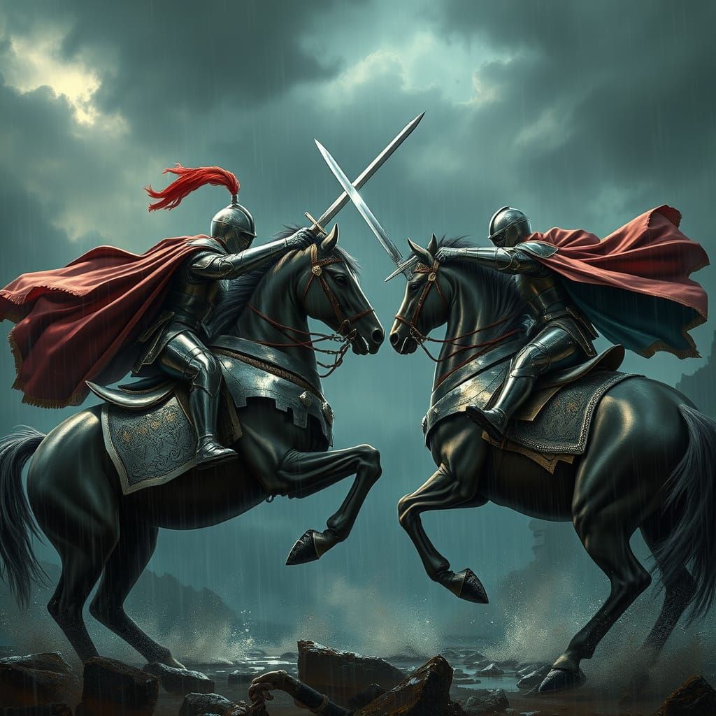 Knights Engage in Fierce Battle Under Dark and Stormy Skies