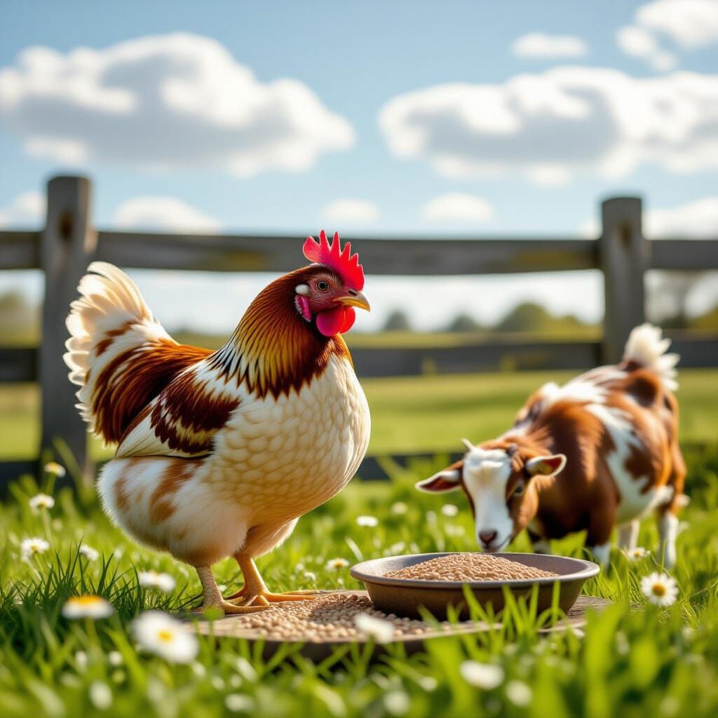 Plump Chicken Eats Seeds in Soft Morning Light