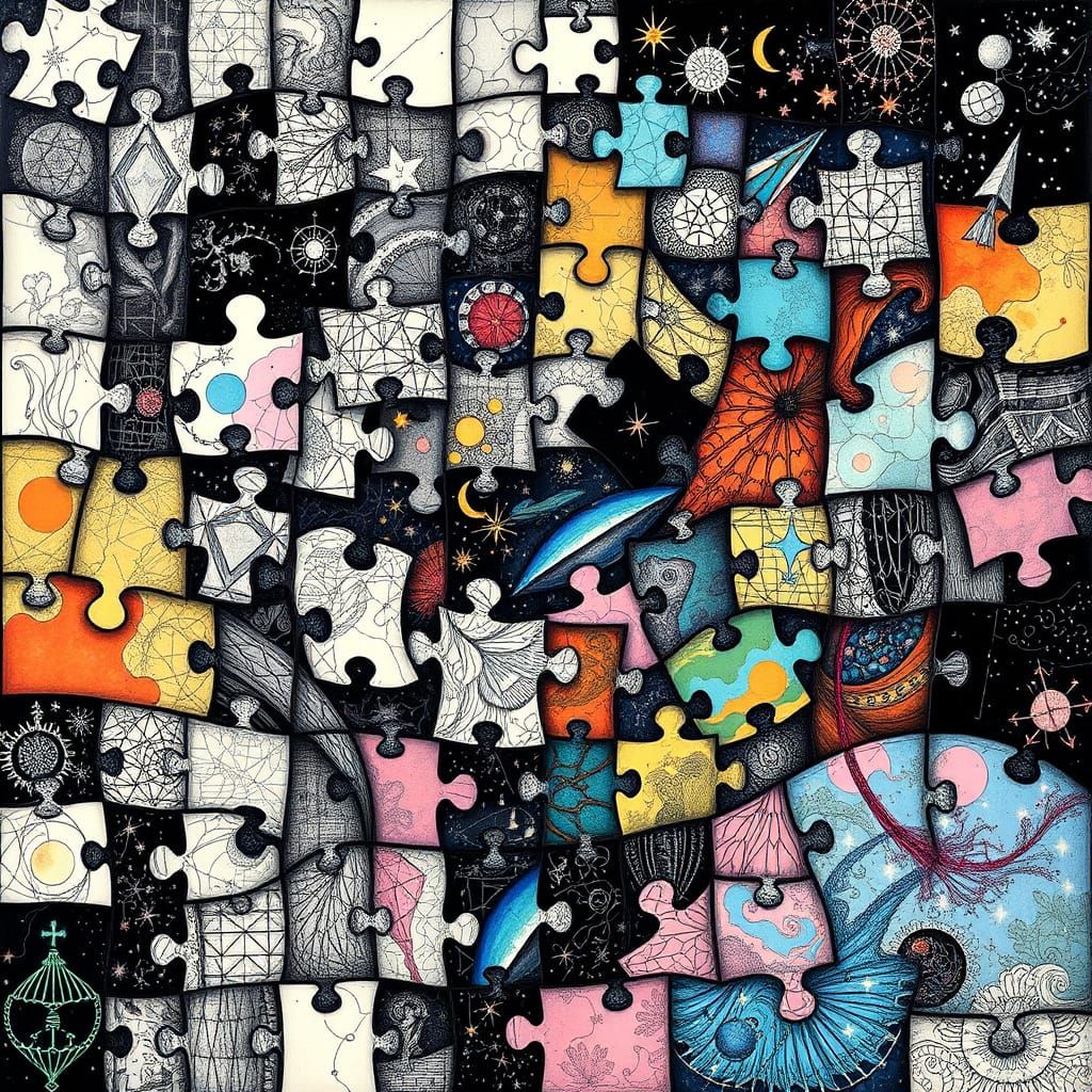 Mystical Puzzle Pieces in Surrealist Style