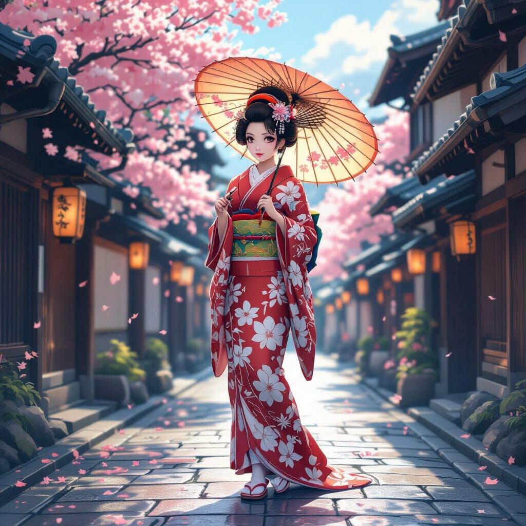 Kyoto Geisha in Sakura Kimono Anime Style