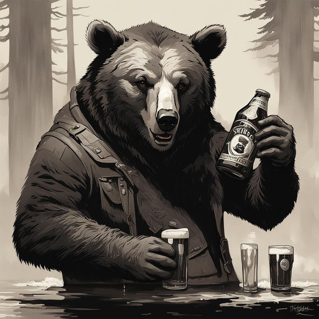 Bear Relaxes with a Cold Beer in a Dark Tavern