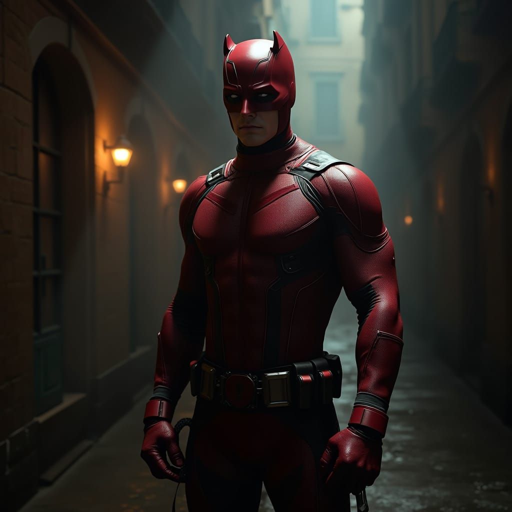 Daredevil in Iconic Red and Black Outfit, Cinematic Film Sti...