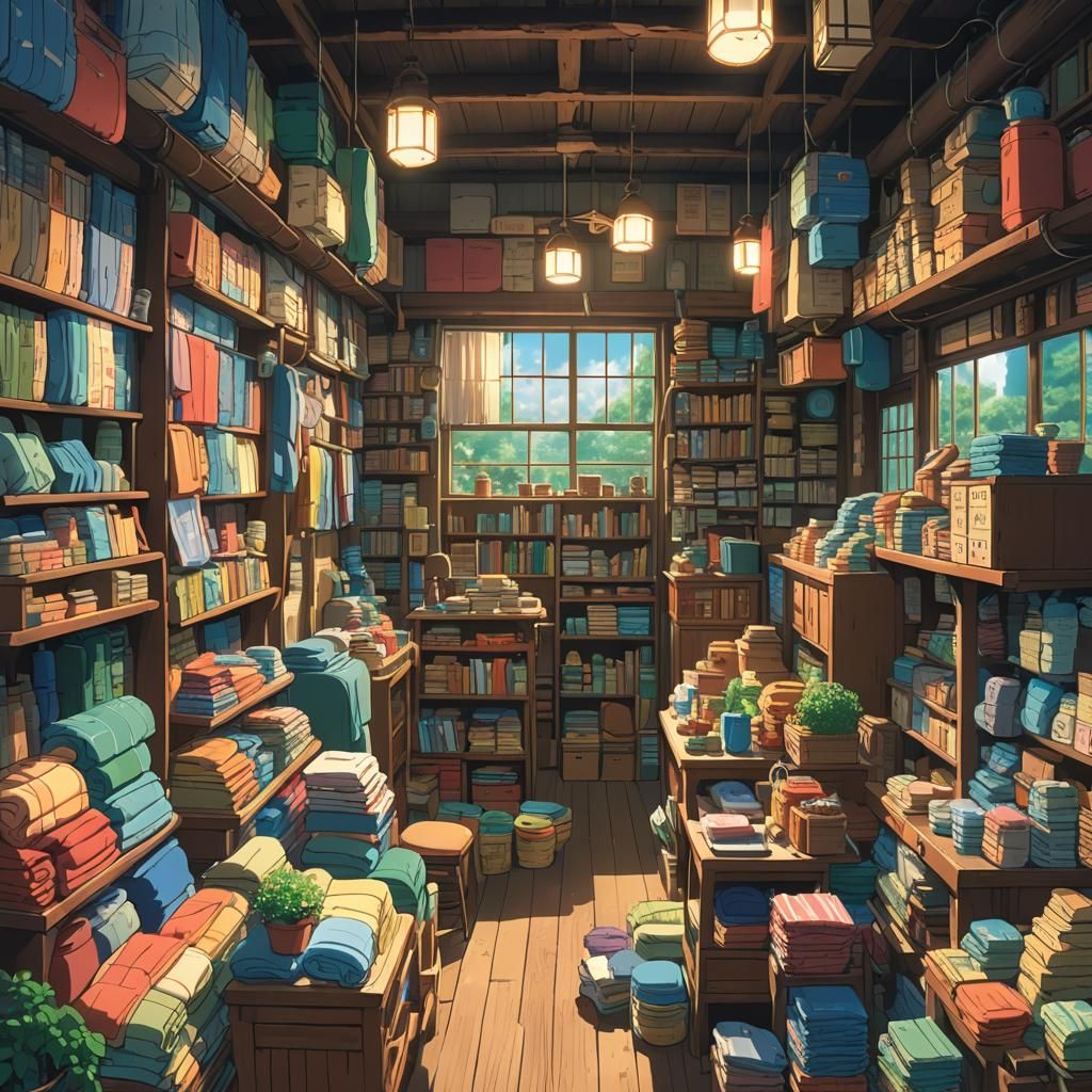 Vibrant Anime-Style Blanket Shop Scene in Deep Color