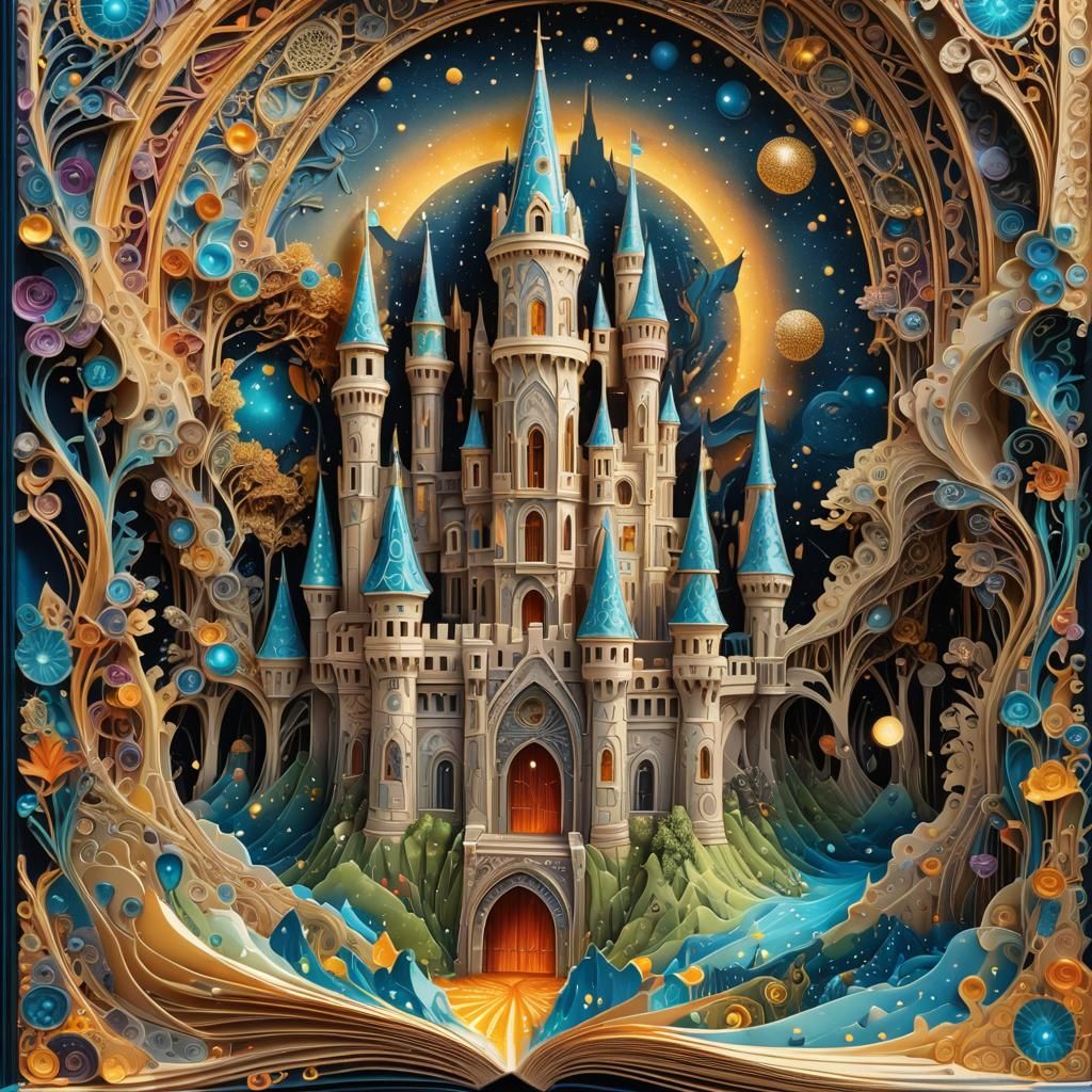 Surreal Pop-Up Book Castle with Glowing Crystals