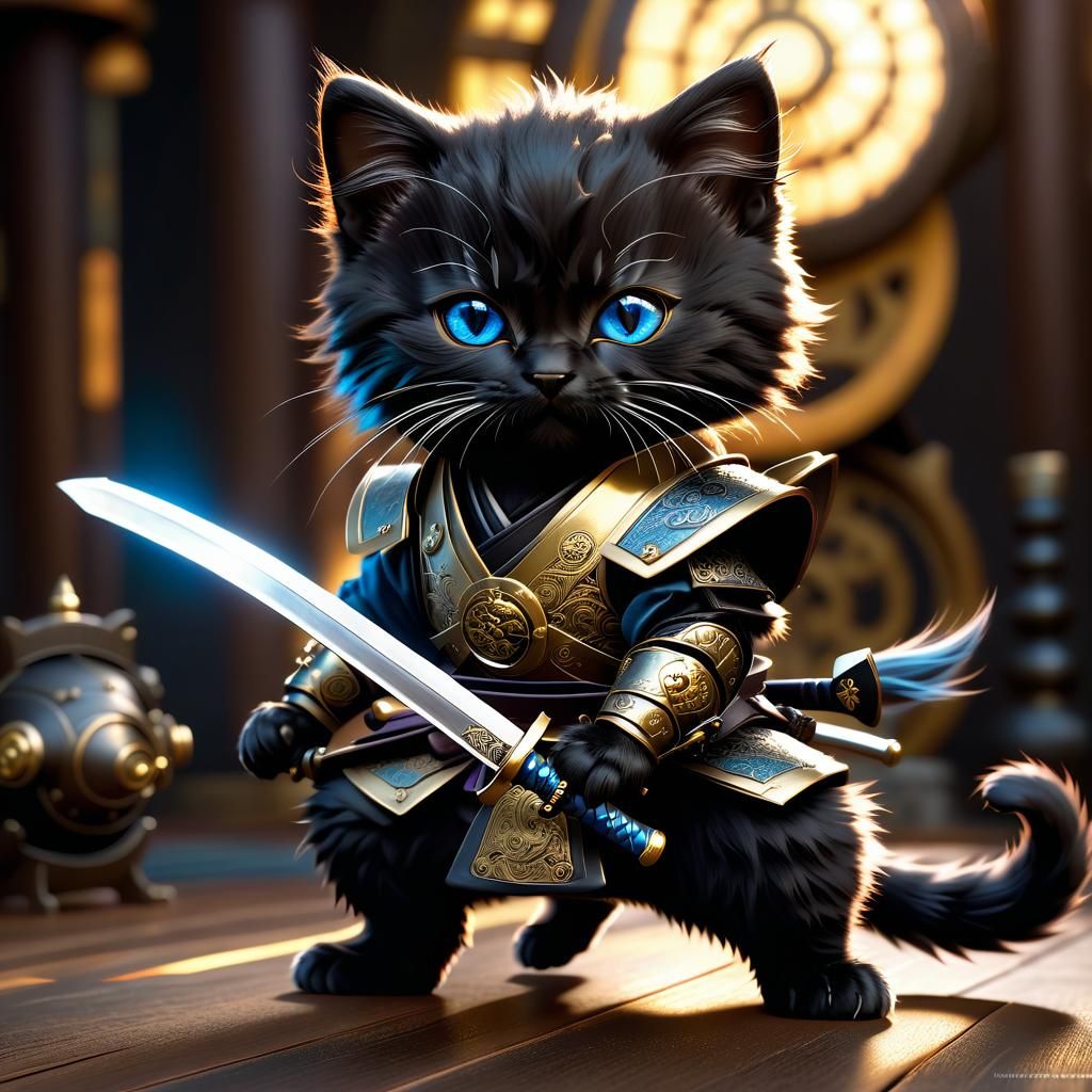 Steampunk Samurai Kitten in Cinematic Pose