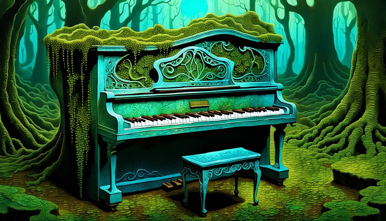 Ethereal Piano in a Verdant Forest Embossed Art