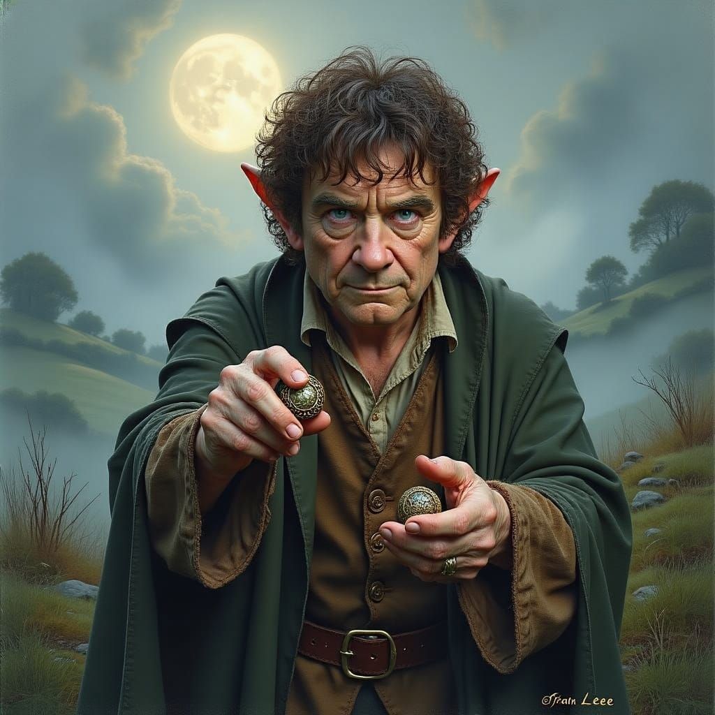 Bilbo Baggins with the One Ring in a Haunting Shire Landscap...