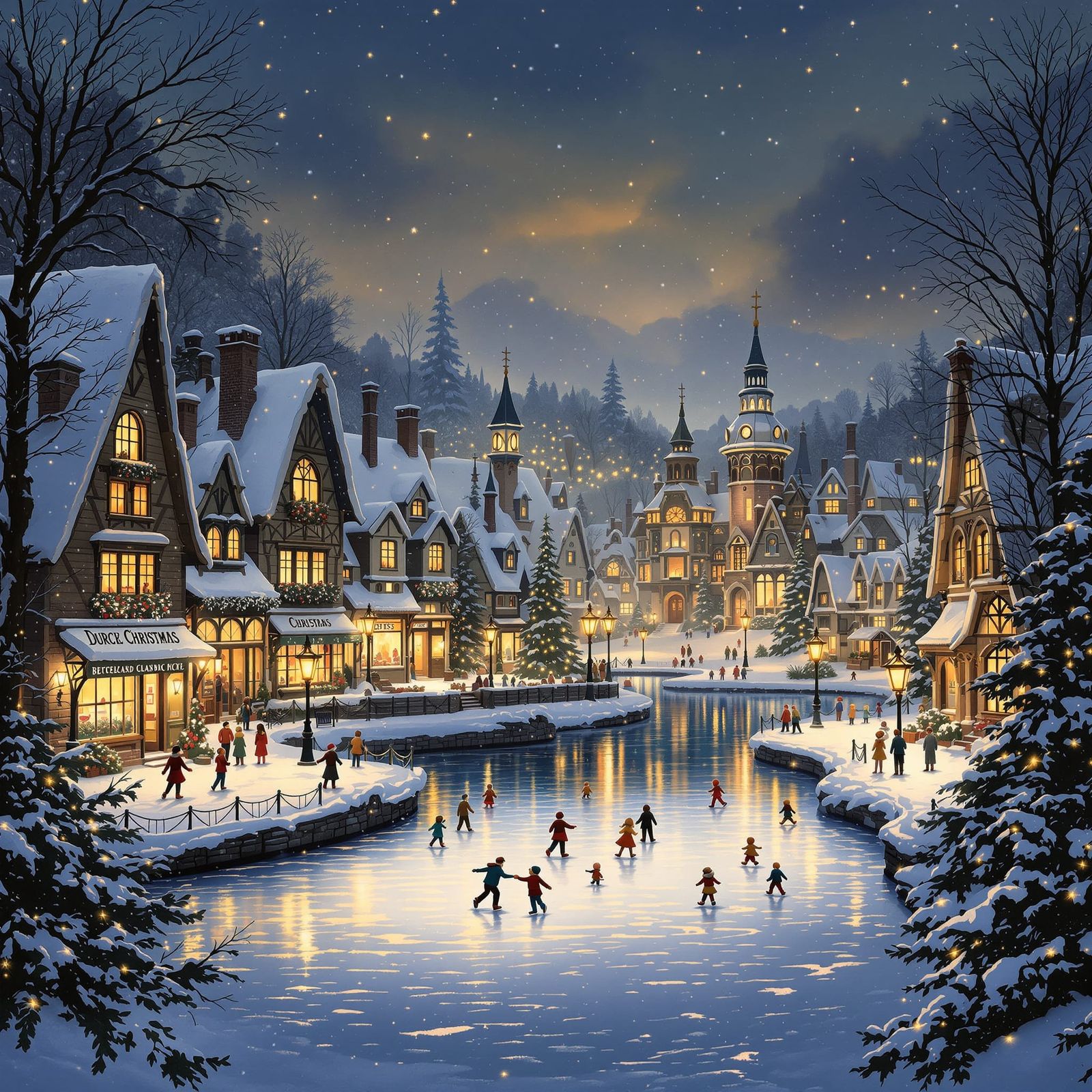 Old-Fashioned Christmas Village at Night in Painterly Realis...