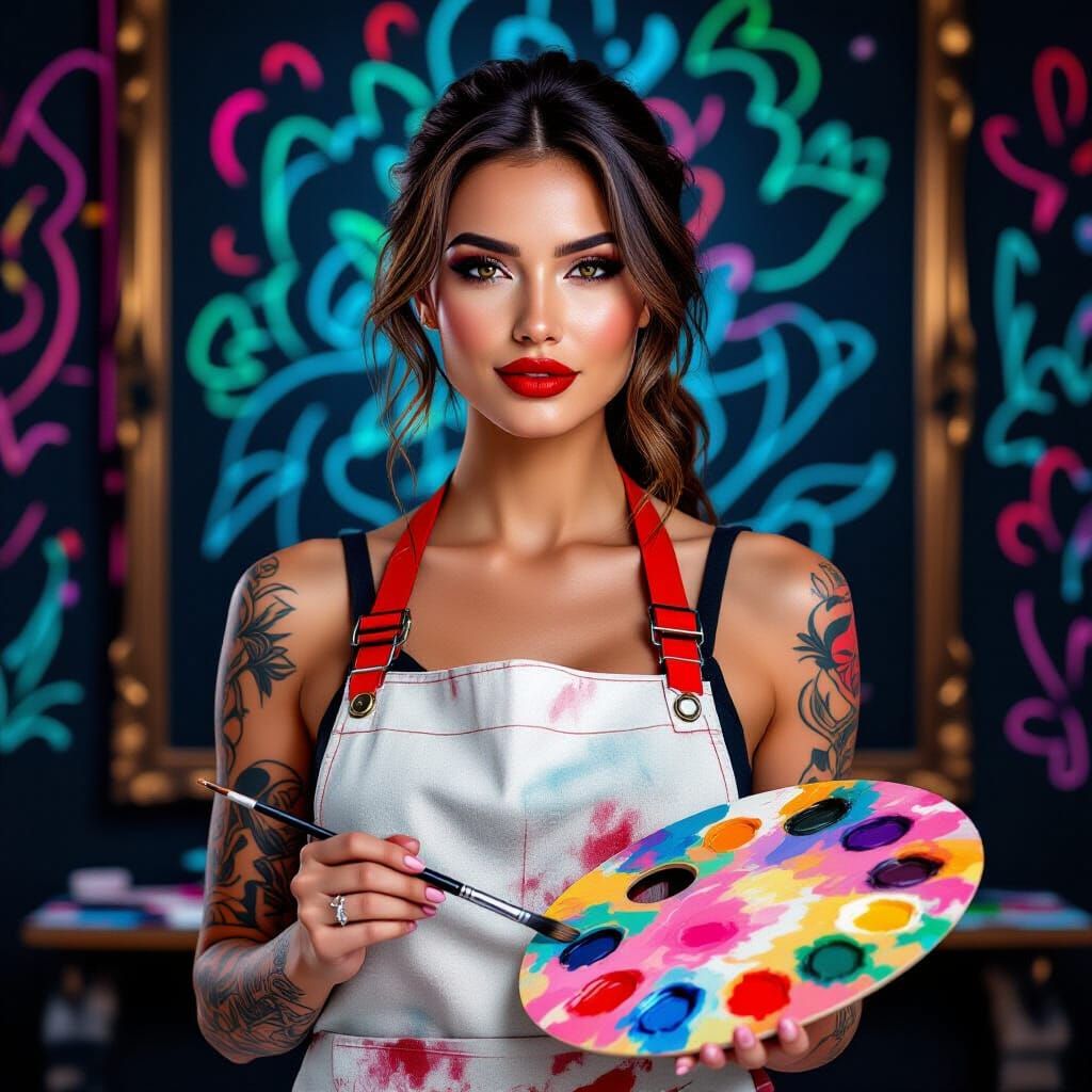 Hyper-Realistic Photo of a Beautiful Painter in Neon Gallery