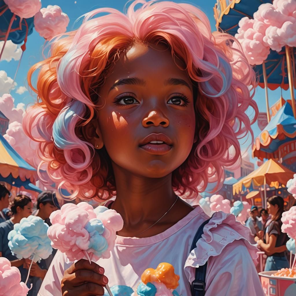 Vibrant Fantasy Girl with Cotton Candy in a Sunlit Carnival