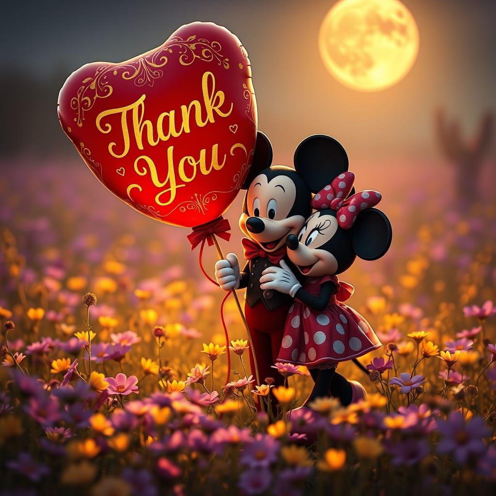 a romantic scene with Micckey and Minnnie Mouse, standing in a meadow of wildflowers, holding a red balloon that says "T...