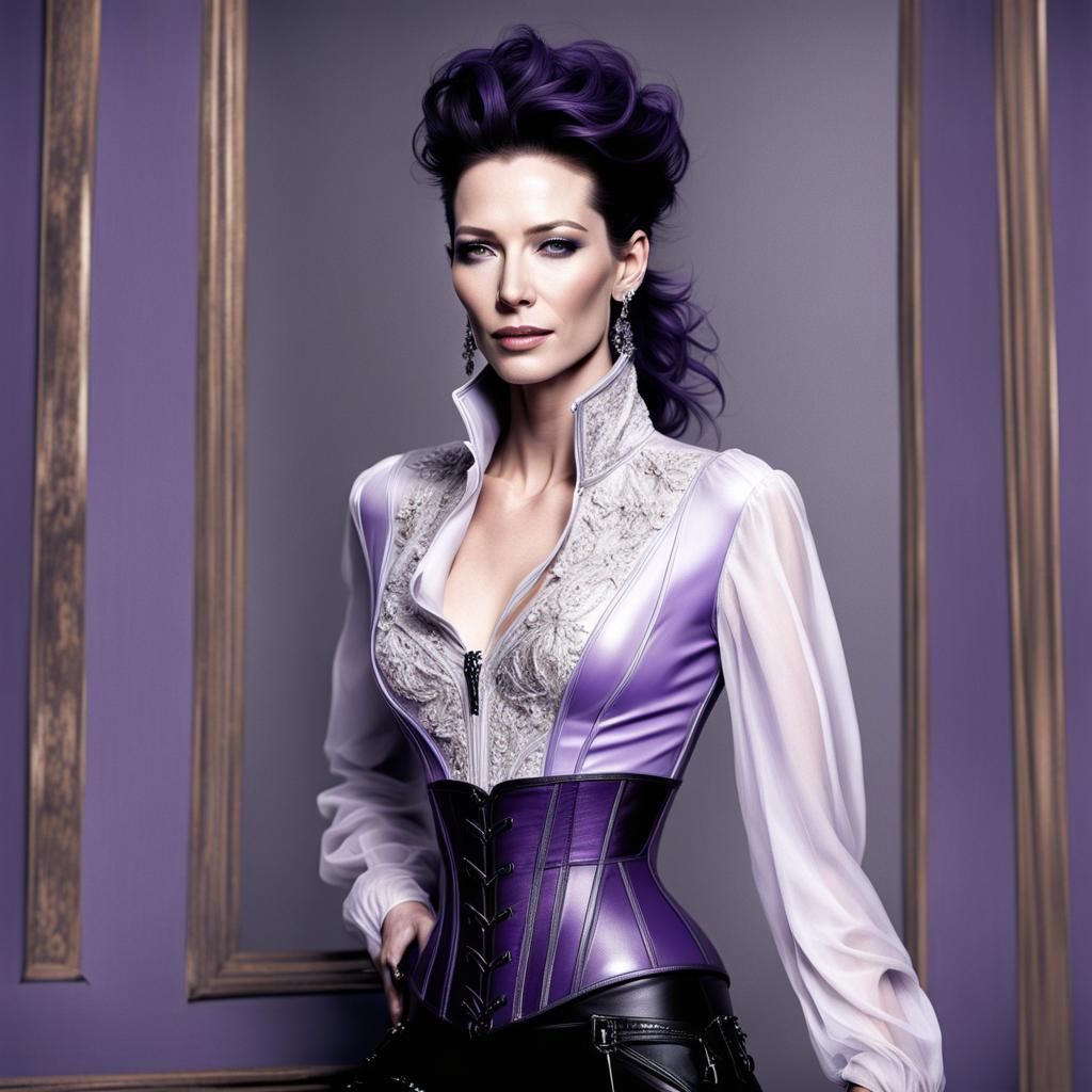 Elegant Cate Blanchett in Cyberpunk Leather Corset and Biker...