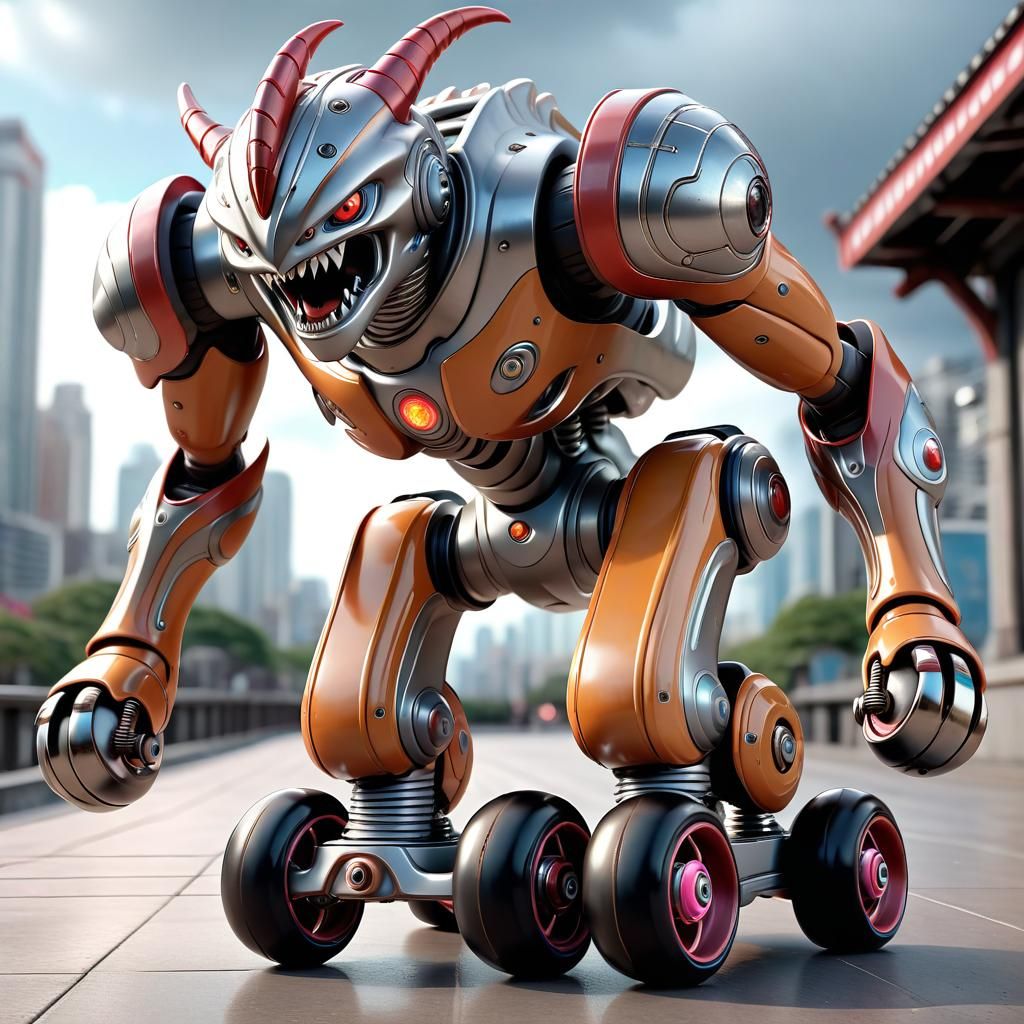 Hyperrealistic Sci-Fi Mech Kaiju on Roller Skates