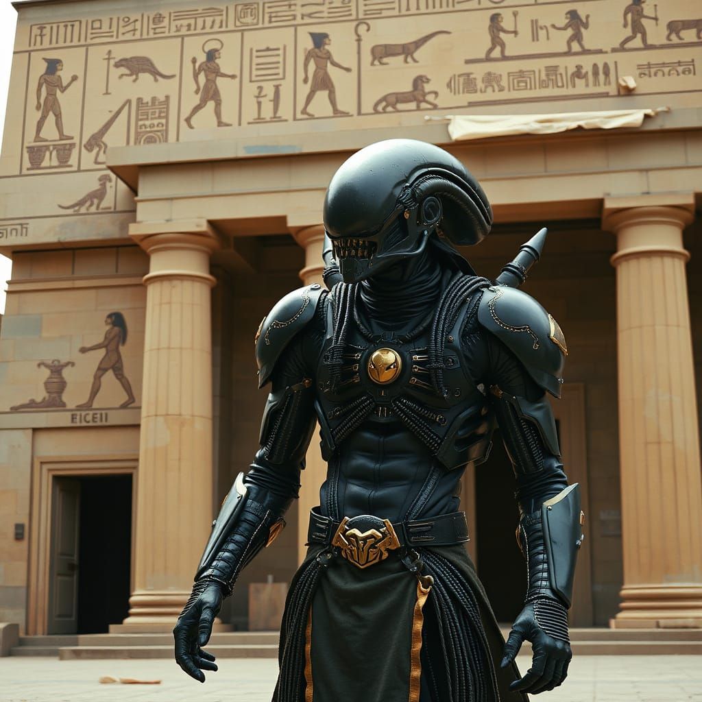 Alien Xenomorph in Futuristic Armor Before Egyptian Building