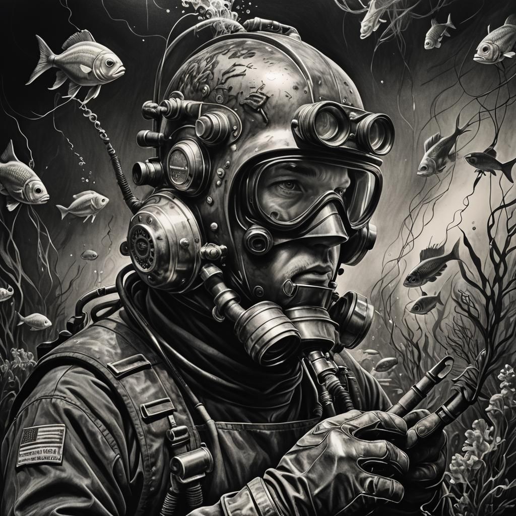 Hyperdetailed Portrait of an Underwater Welder in Charcoal