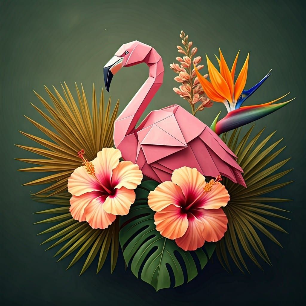 Ethereal Origami Flamingo Amidst Tropical Blooms in Golden H...