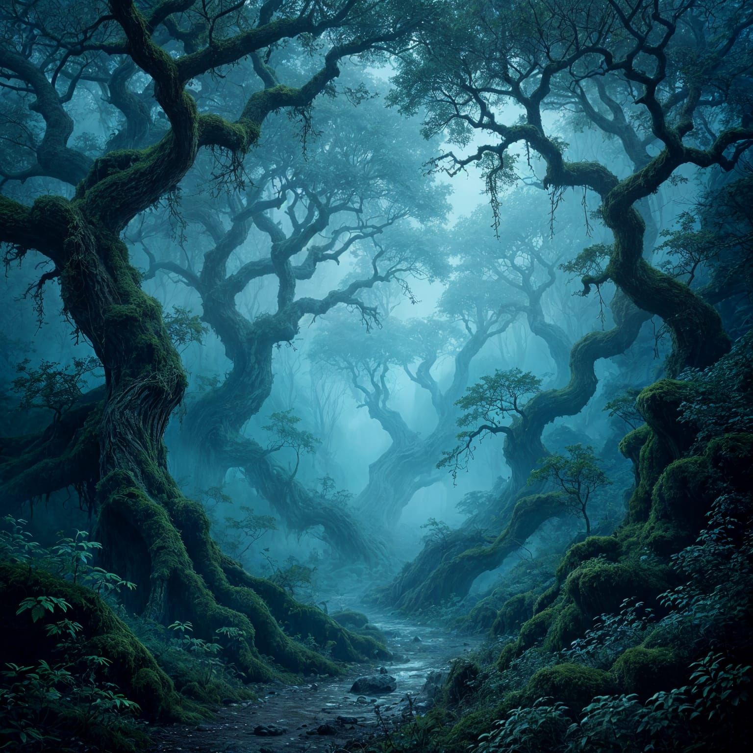 Mystical Ancient Forest Shrouded in Glowing Fog