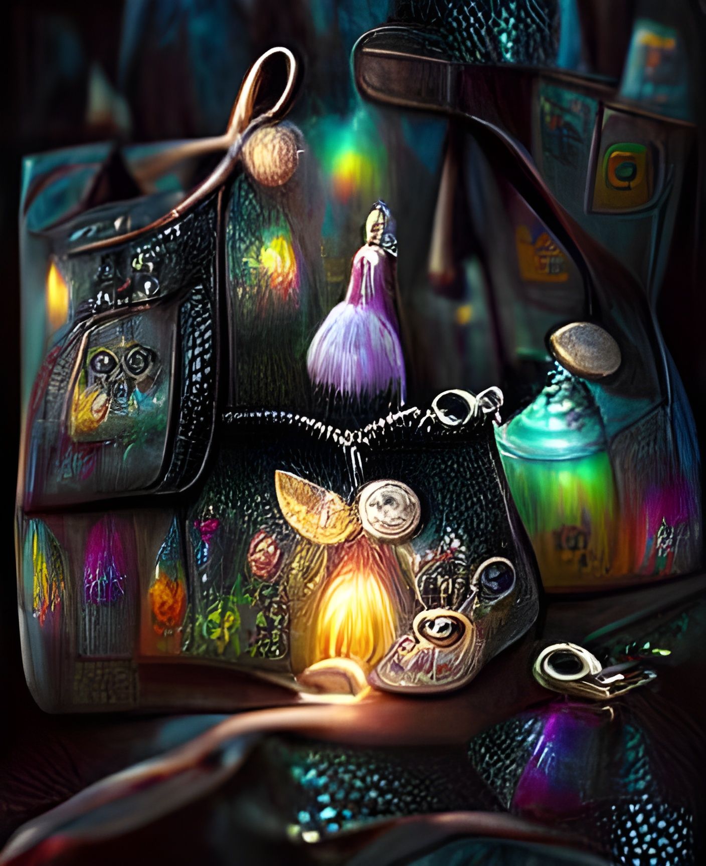 Glowing Magical Charms Spill from Enchanted Leather Bag