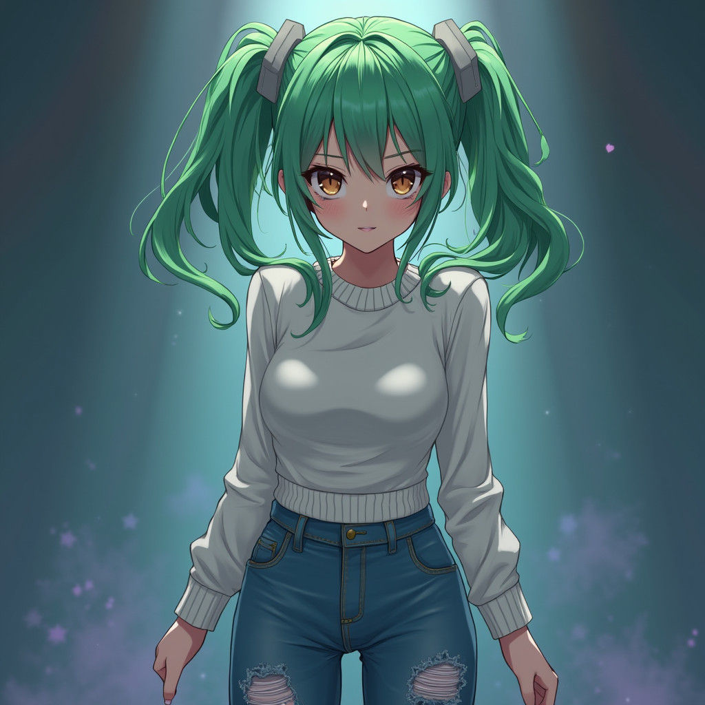Anime Portrait of a Green-Haired Girl in Distressed Jeans an...