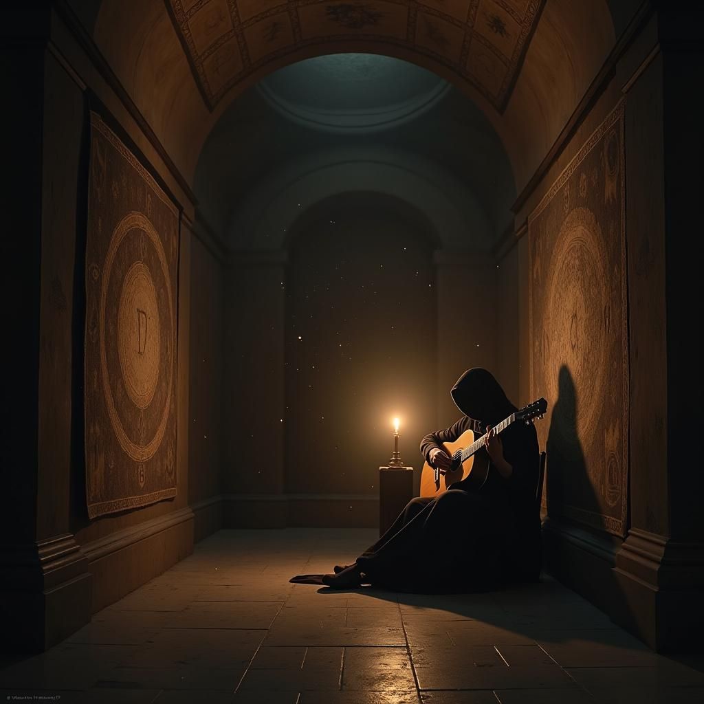 Enigmatic Guitarist in Smoky Candlelight