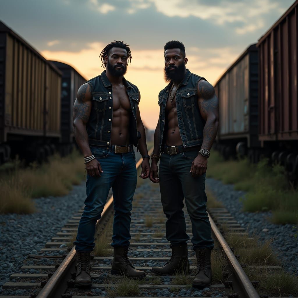 Hyper-Realistic Portrait of Two Bikers in Rail Yard