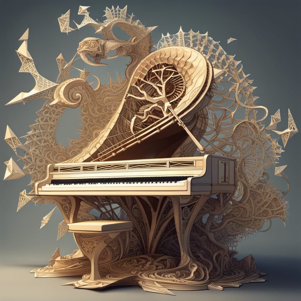 Fractal Origami Monster Plays Piano, Dali-esque