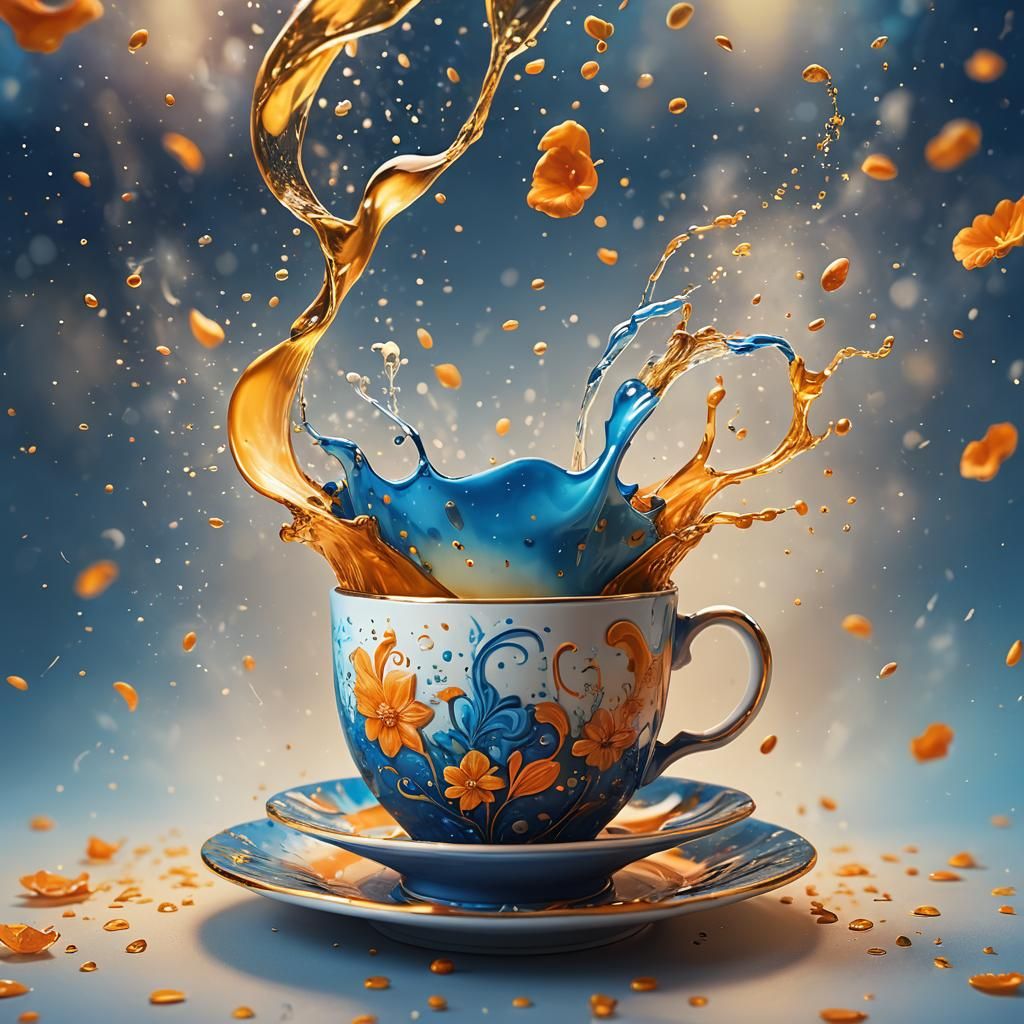 Golden Hour Tea Splash in a Vibrant Ceramic Cup