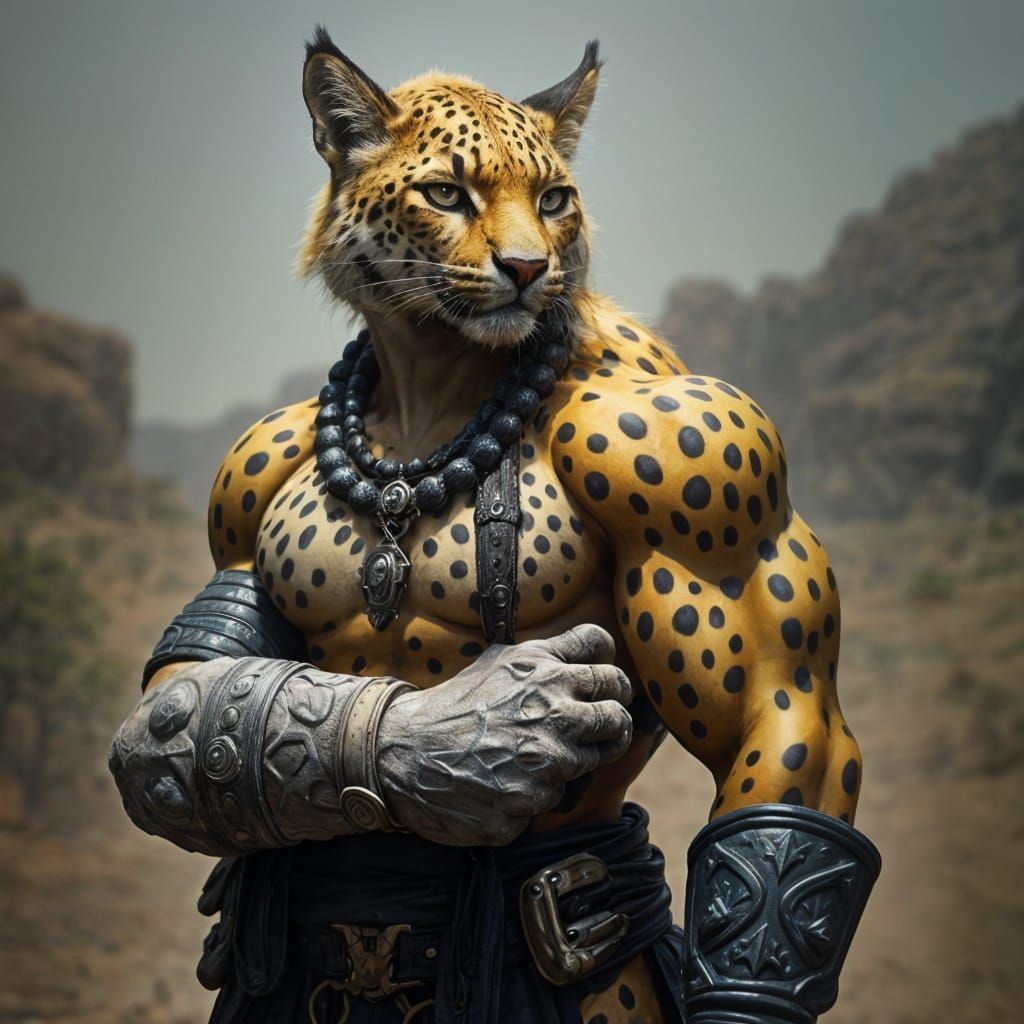 Leopard Tabaxi Warrior with Stone Arm in Desert