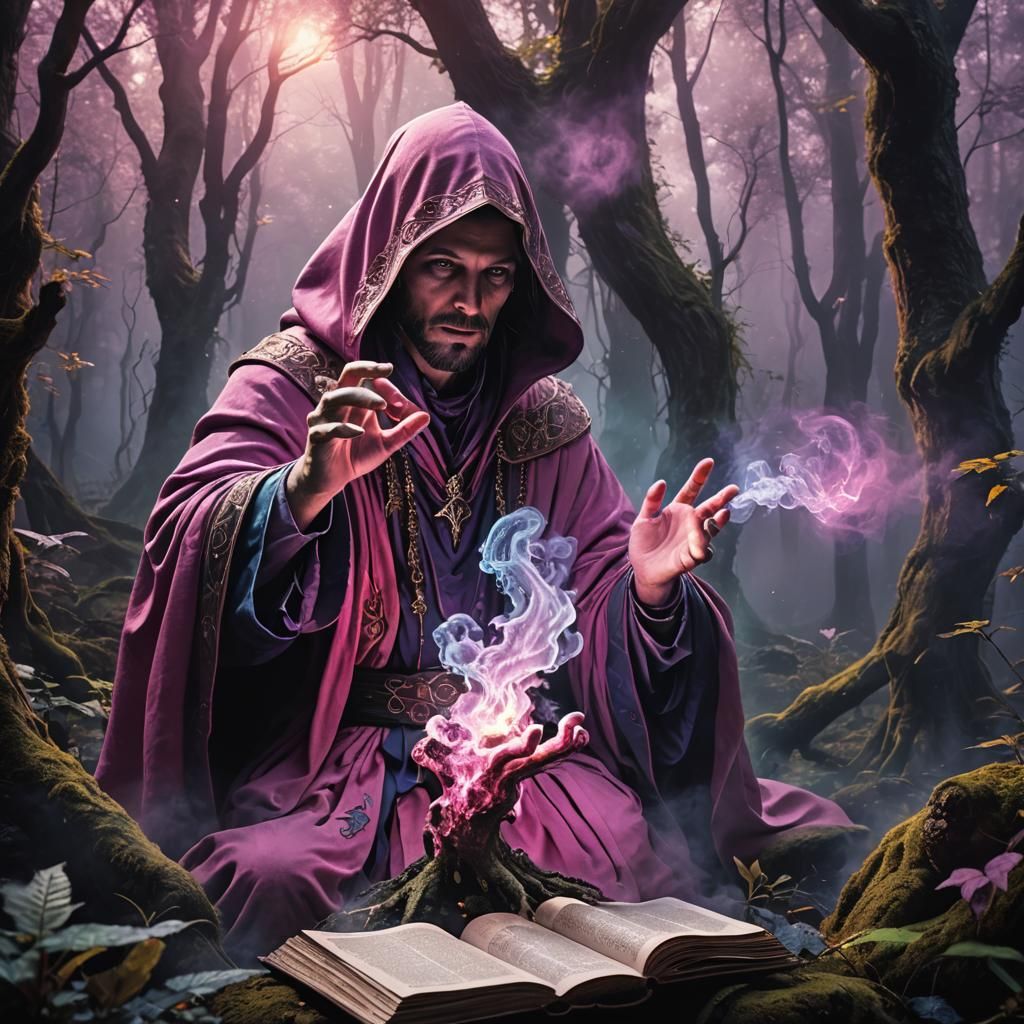 Surreal Fantasy Warlock Conjures Magical Smoke in Ethereal F...