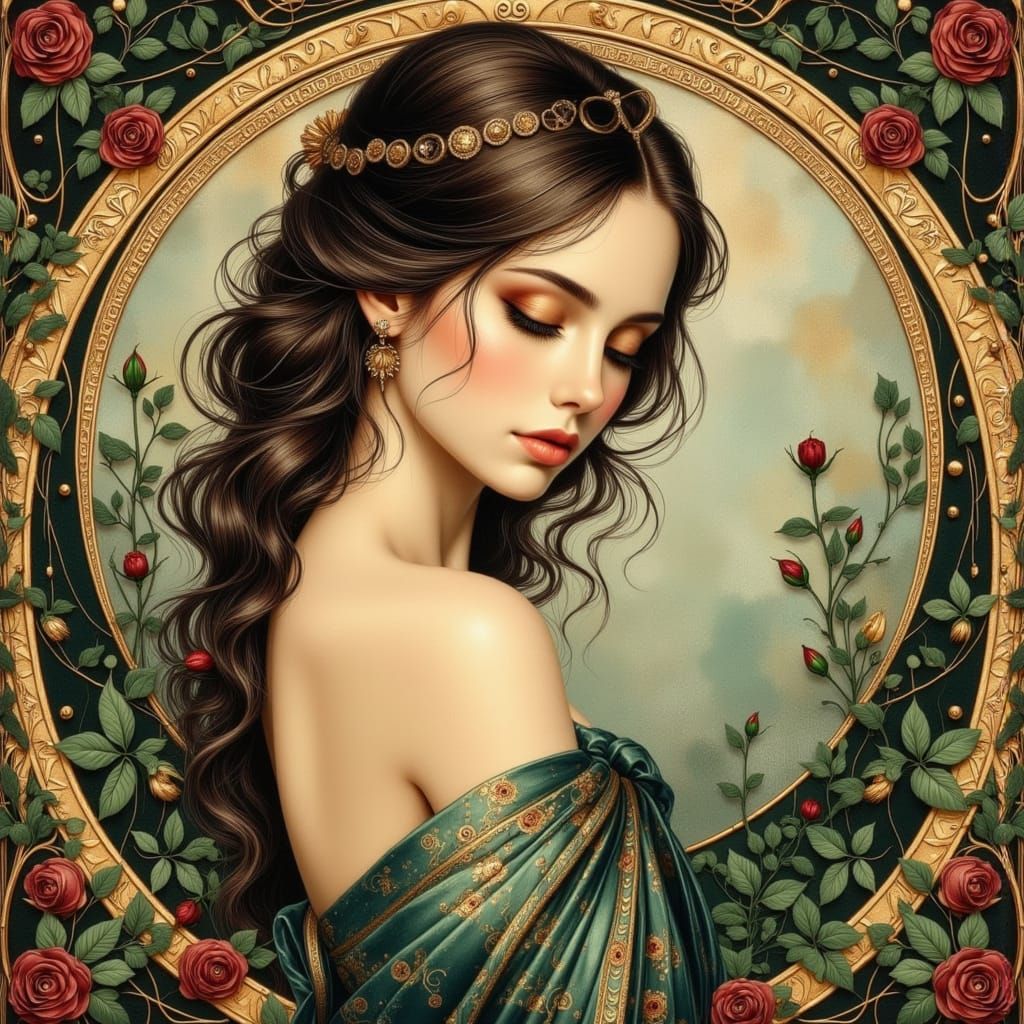 Art Nouveau Portrait of Woman with Ivy and Roses