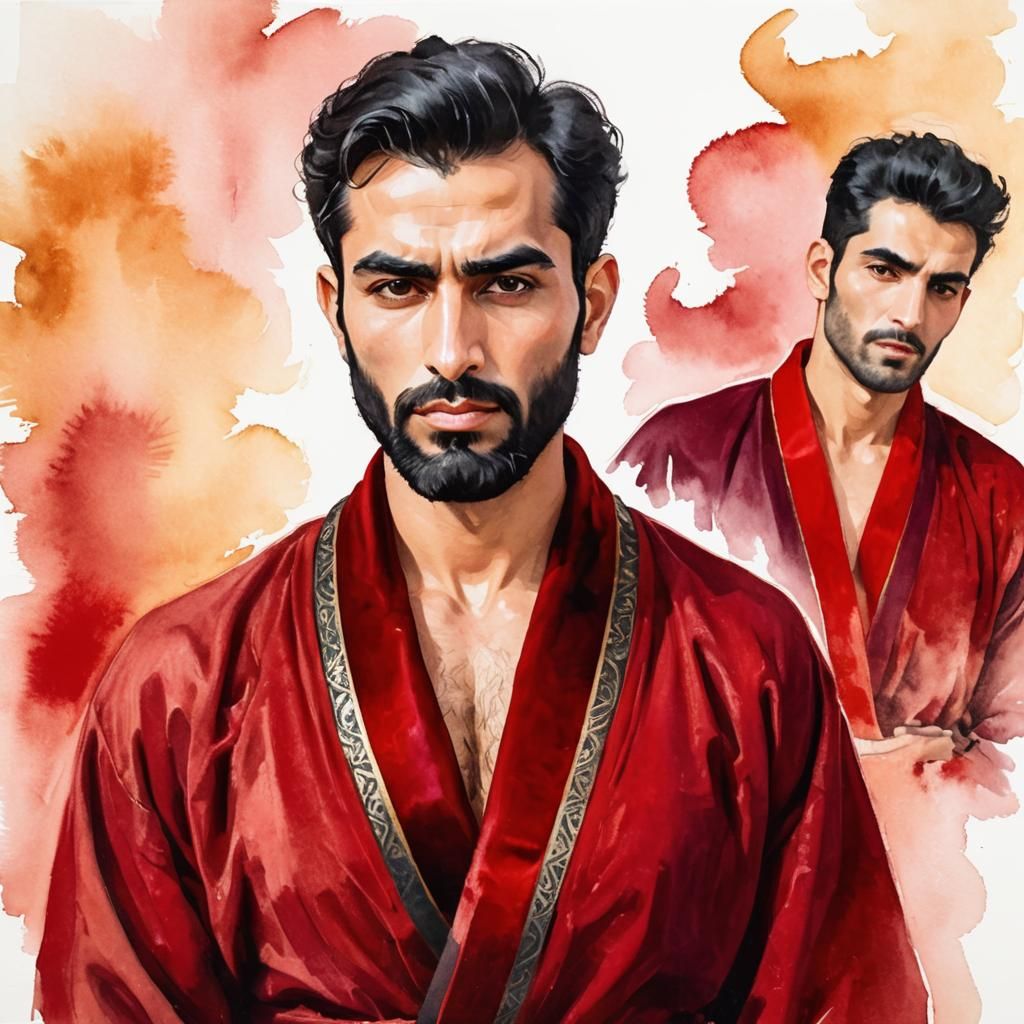 Elegant Arab Men in Red Velvet Bathrobes