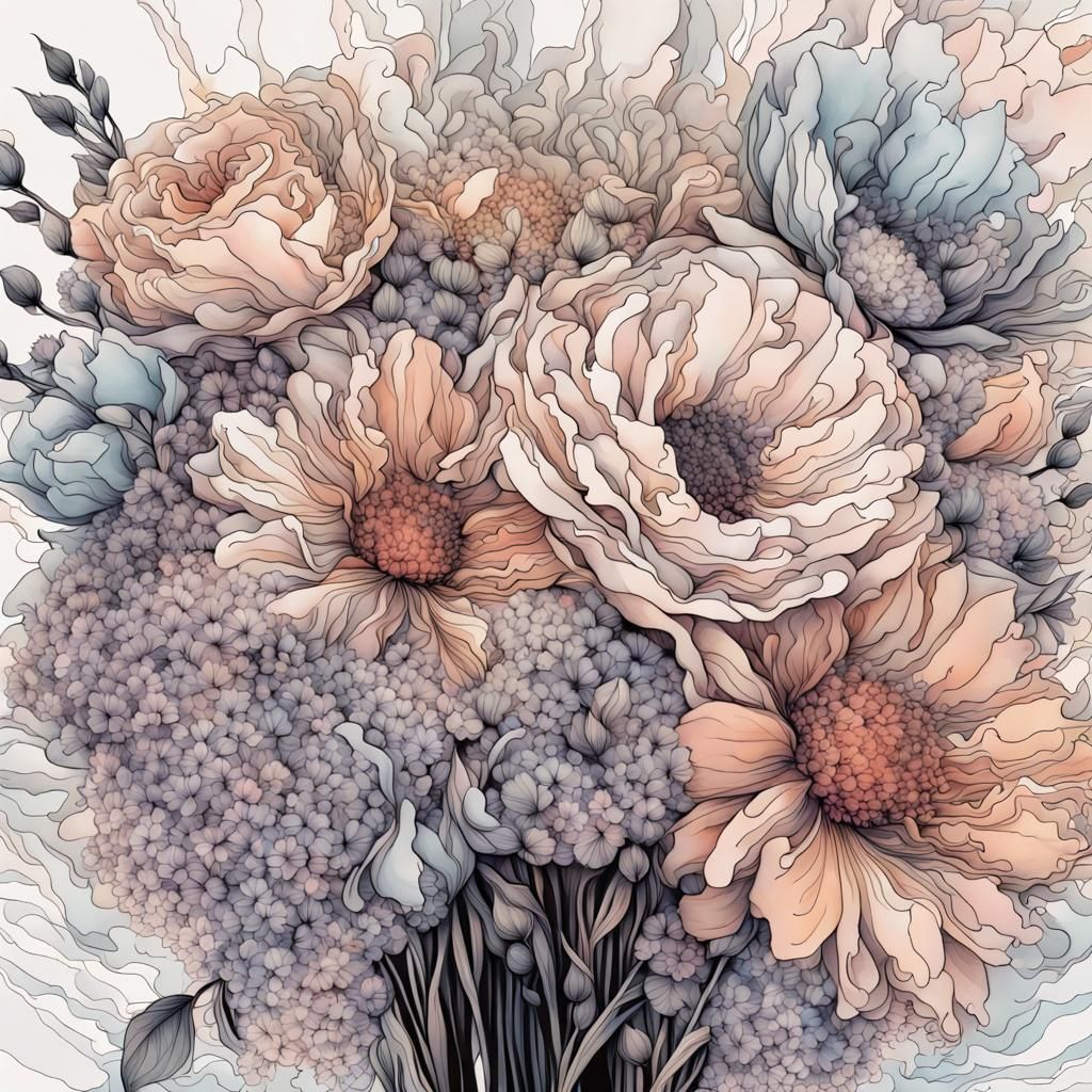 Surreal Black Line Art Bouquet with Pastel Hues and Watercol...