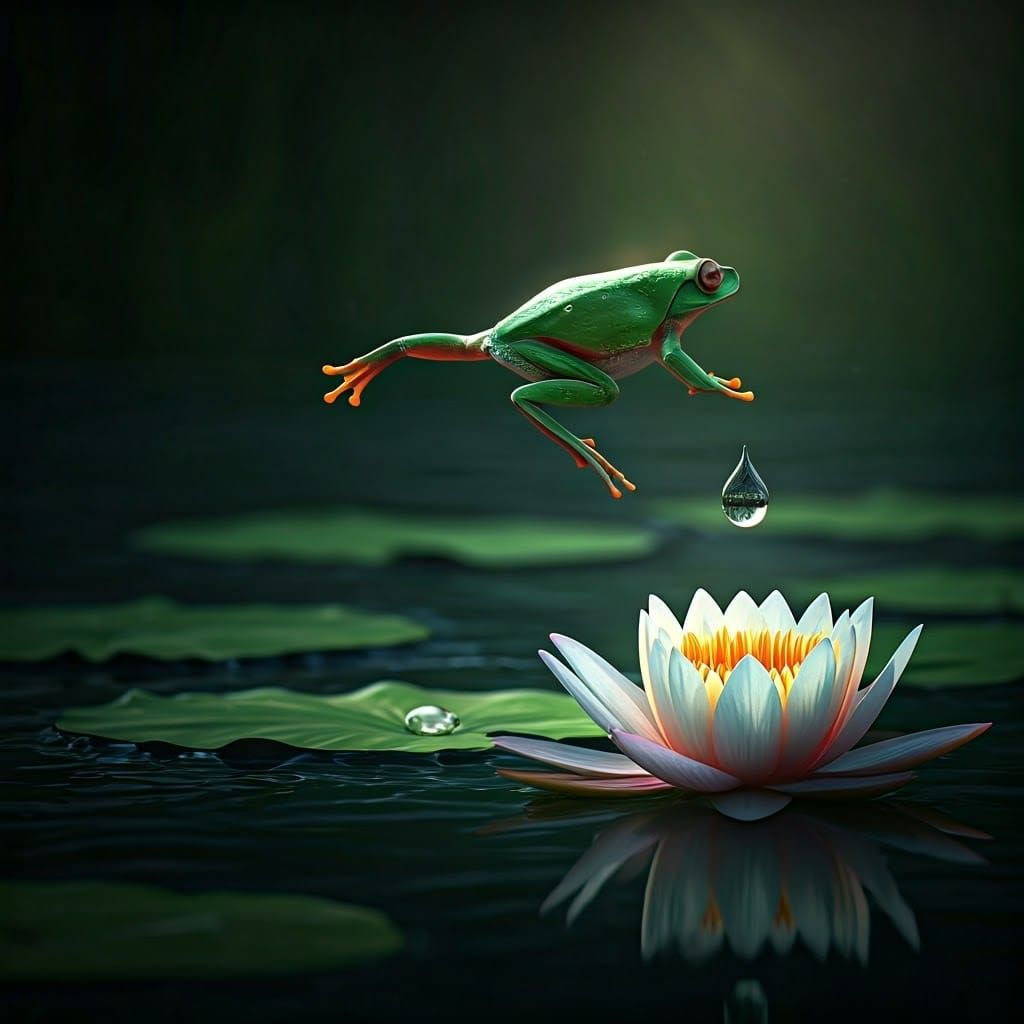 Hyper-Realistic Nile River Scene with Green Frog and Lotus