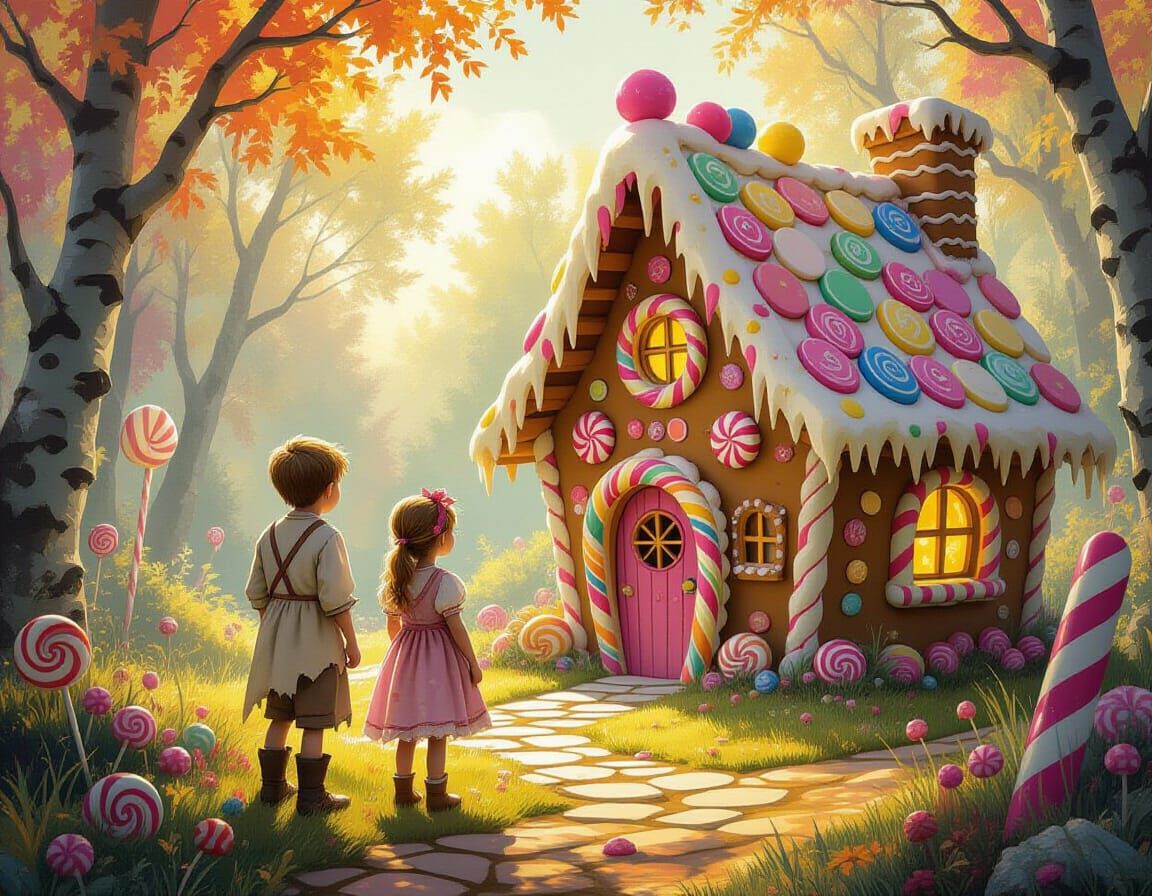 Hansel and Gretel Discover Candy House in Surreal Landscape