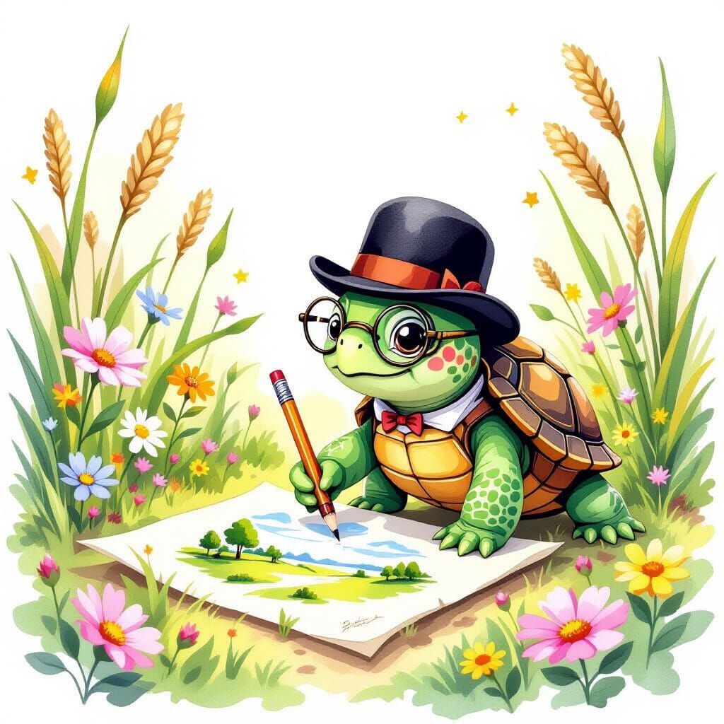 Miniature Turtle Artist Sketching in Nature Watercolor