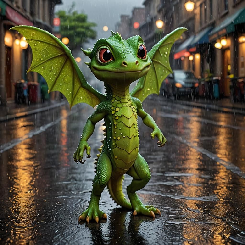 Pixar-Inspired City Dragon in Rainy Street Scene