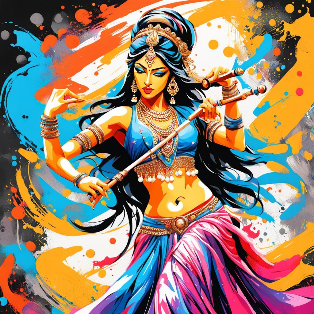 Saraswati as a Vibrant Belly Dancer in High-Contrast Graffit...