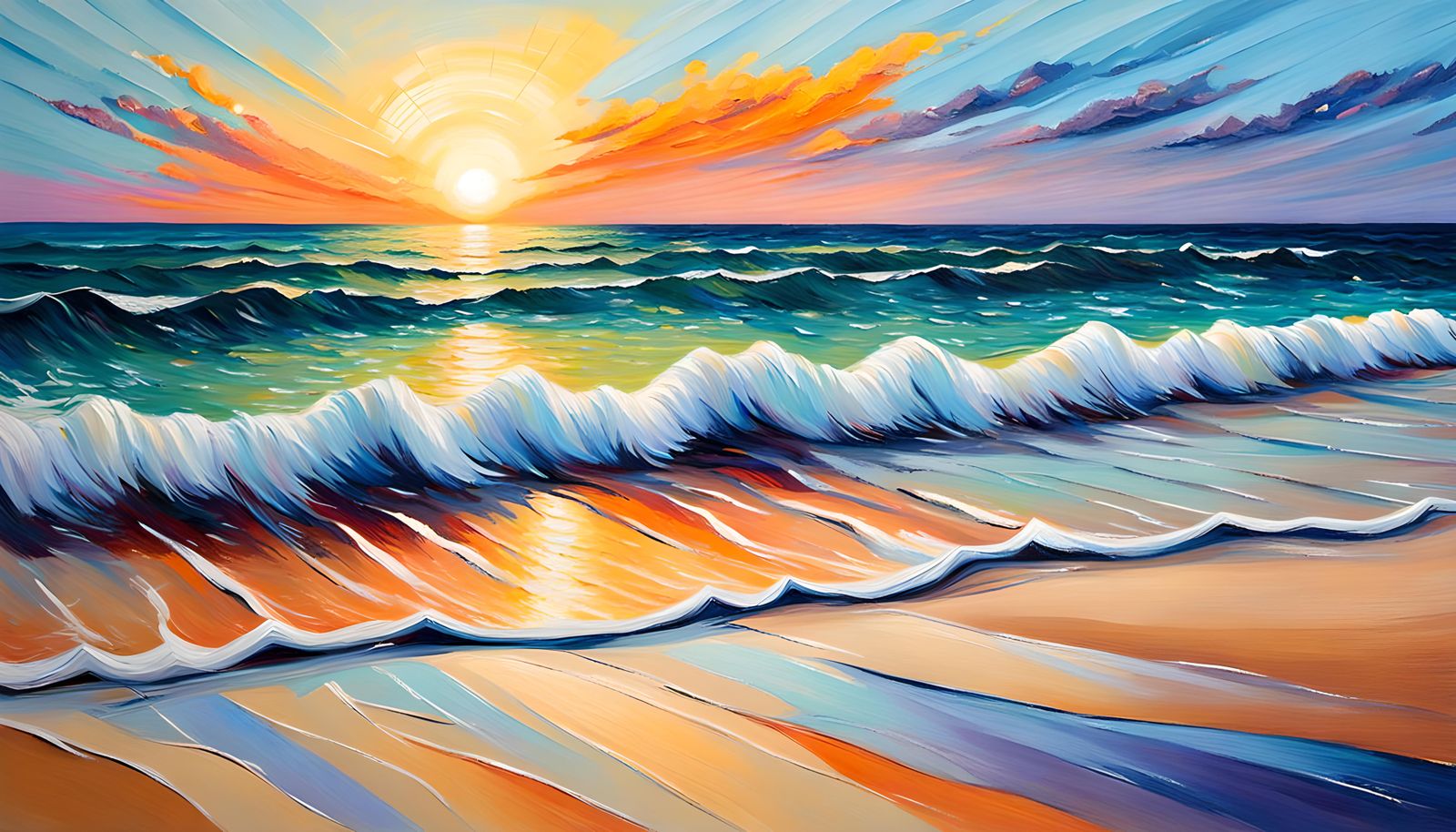 Peaceful Morning Beach Scene in Neo-Expressionist Oil Painti...