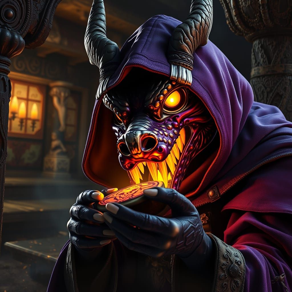 Dragon Mask Thief Stealing Artifact: Dark Fantasy Art