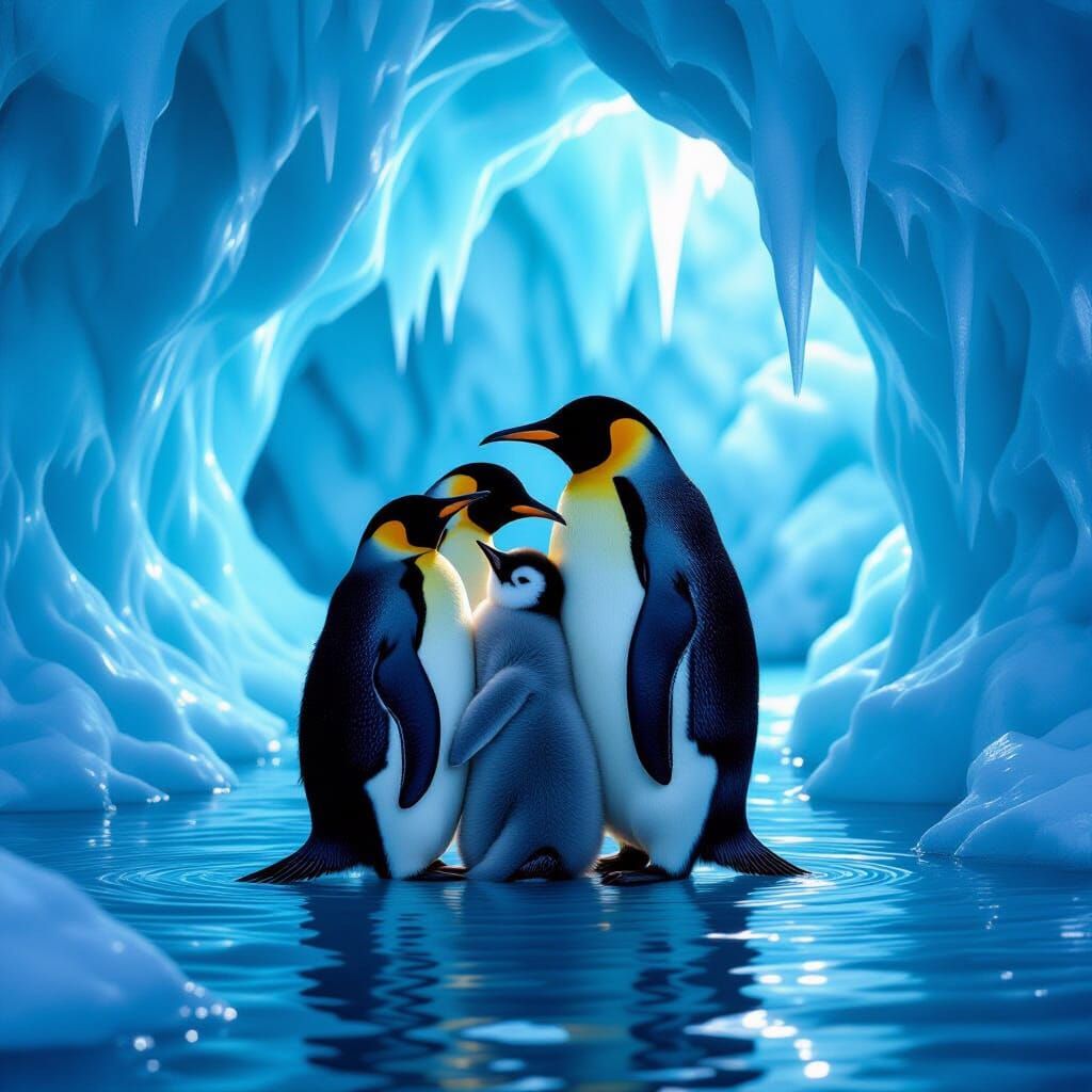 Penguin Family Embrace in Glowing Ice Cave