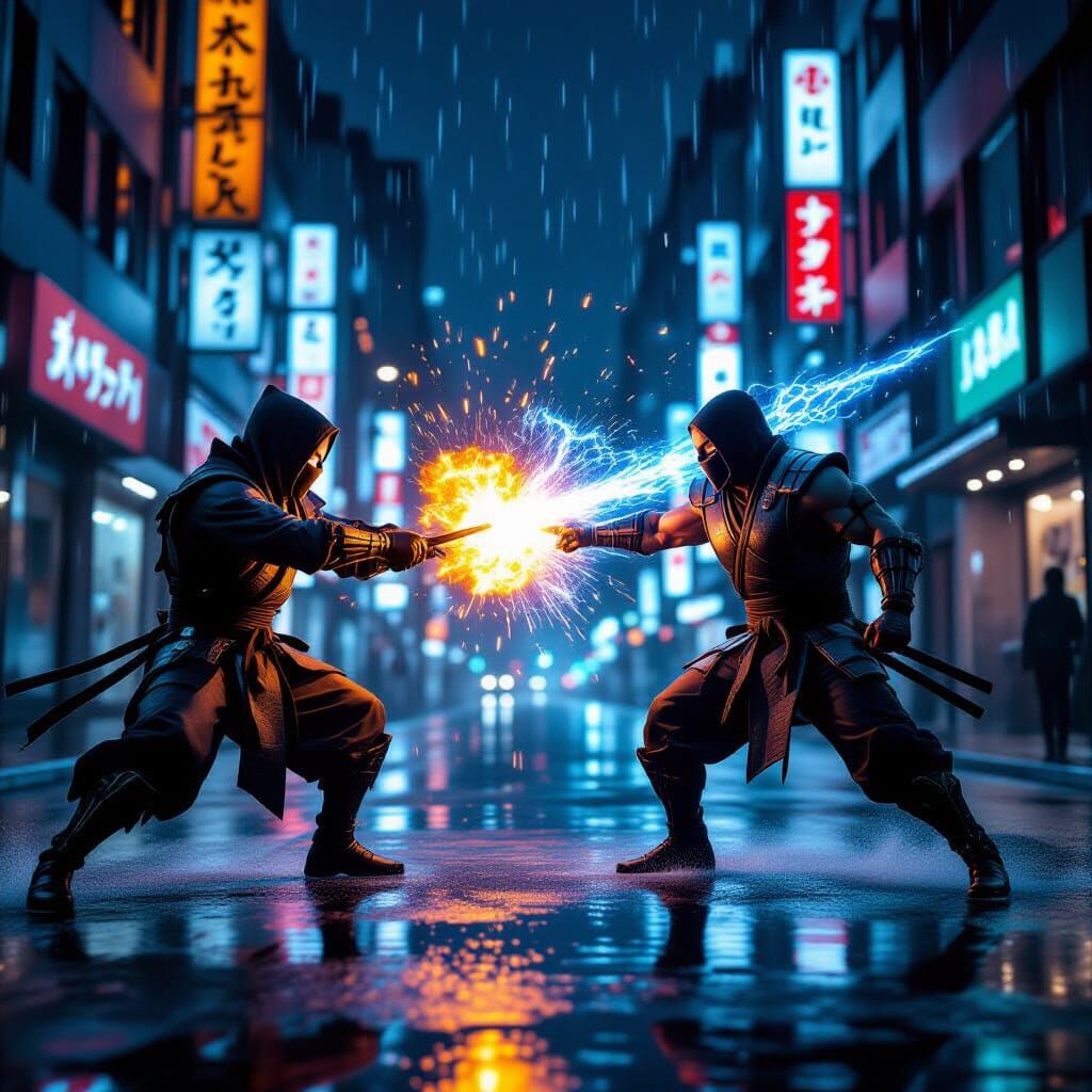 Scorpion vs Sub-Zero: Epic Ninja Battle in Rainy Japan