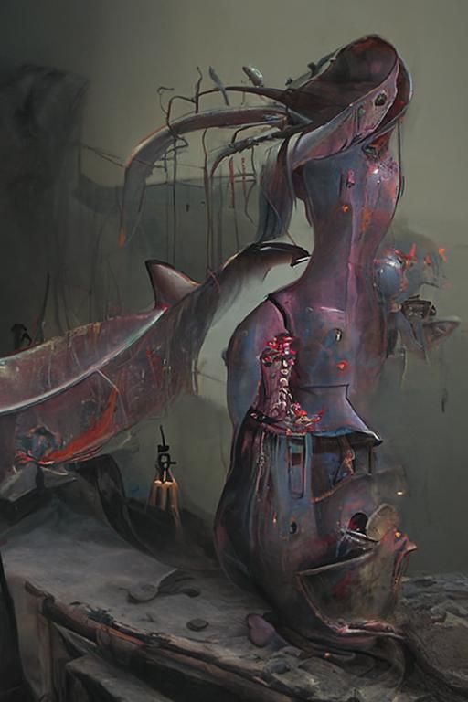 DieselPunk Shark-Girl with Neon Robot in Dark Medieval Ambia...