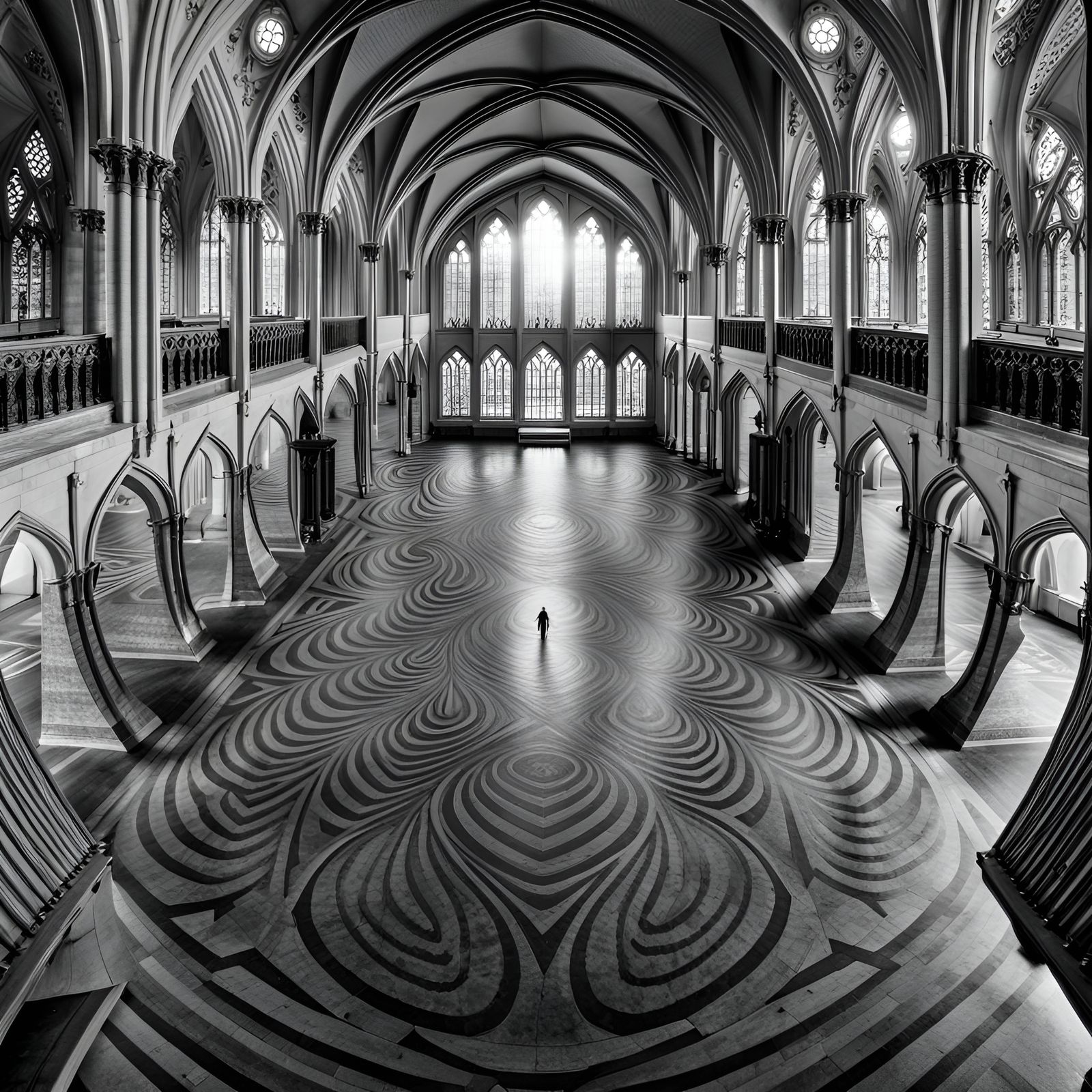 Gothic Cathedral Hall in Monochrome Splendor