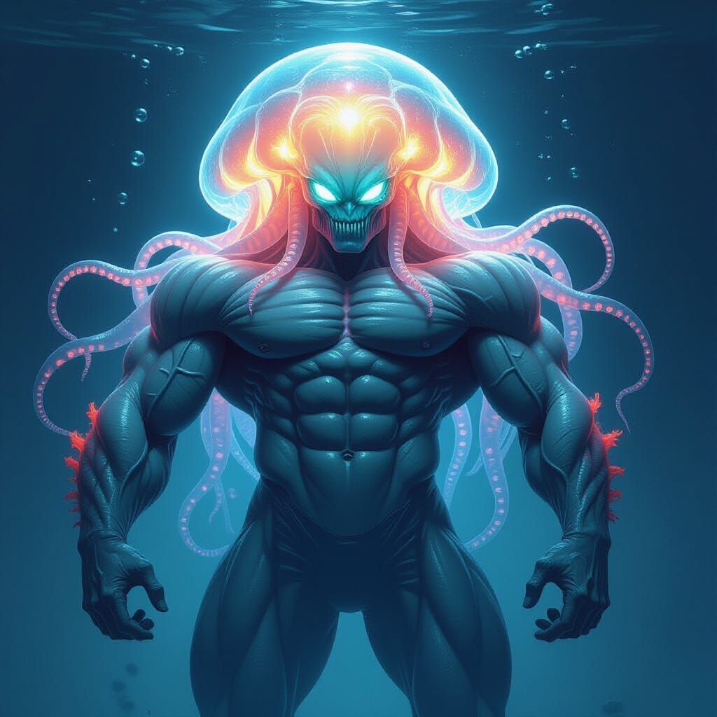Jellyfish Bodybuilder Hybrid Glowing in Deep Sea
